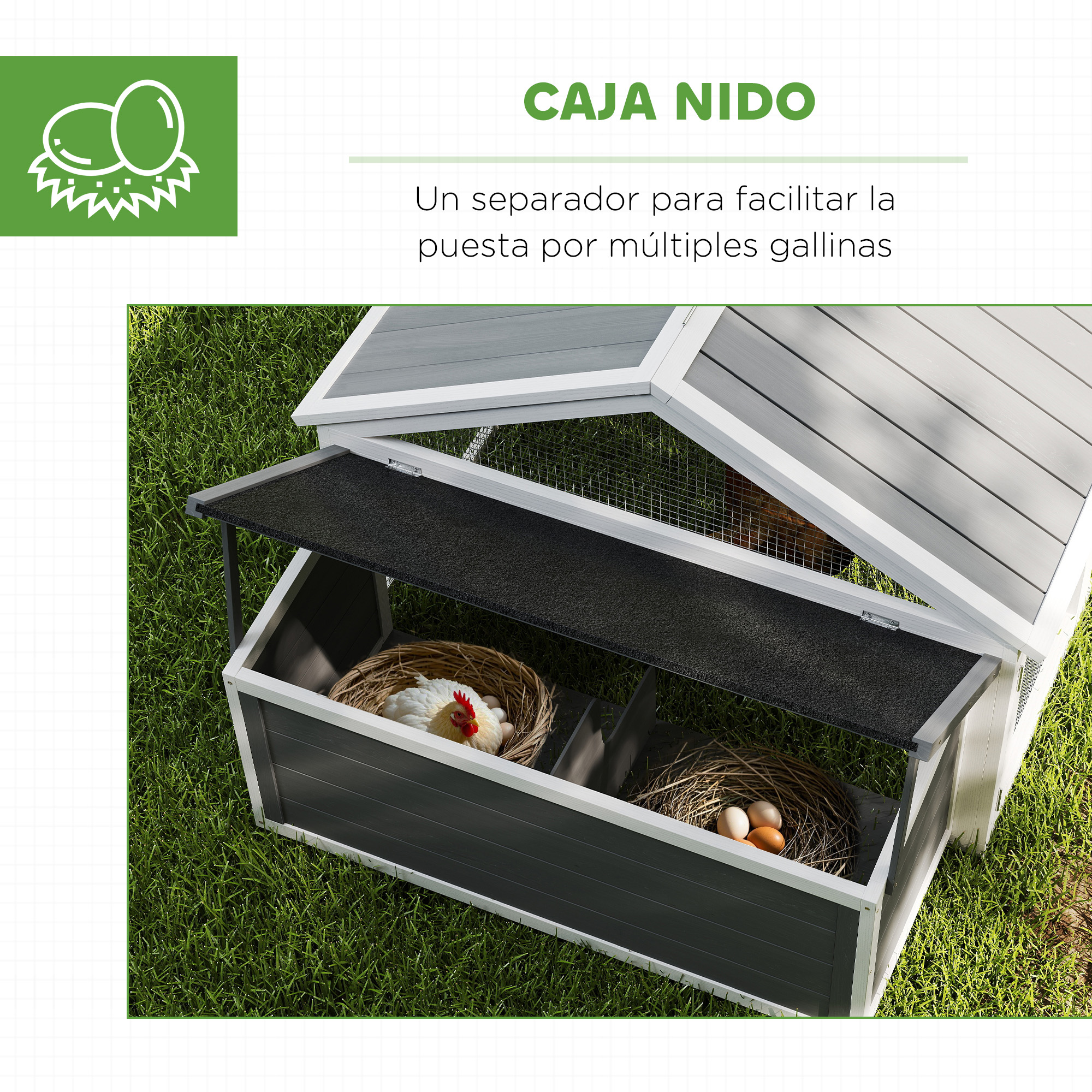 Gallinero con techo abierto y ponederos, con gallinas dentro.