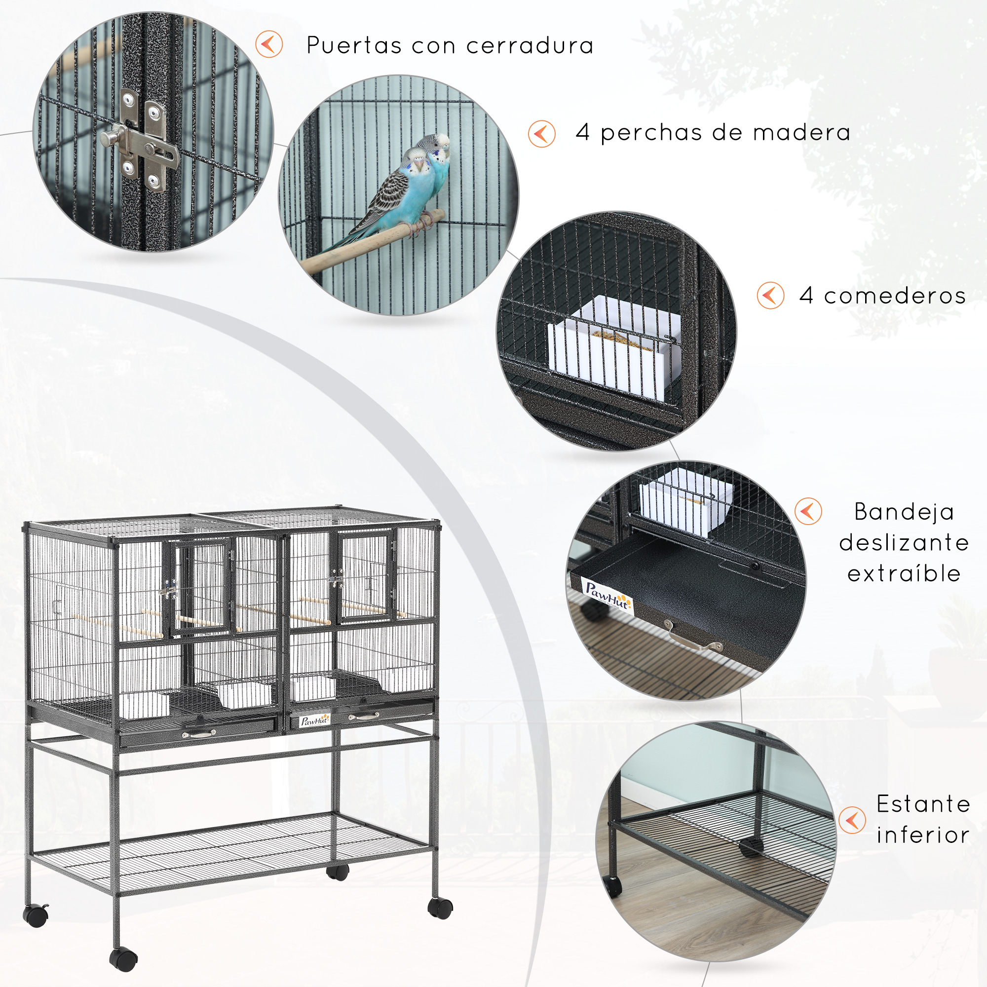 Una jaula para pájaros con un pájaro azul. La jaula tiene puertas, perchas de madera, comederos y una bandeja extraíble.