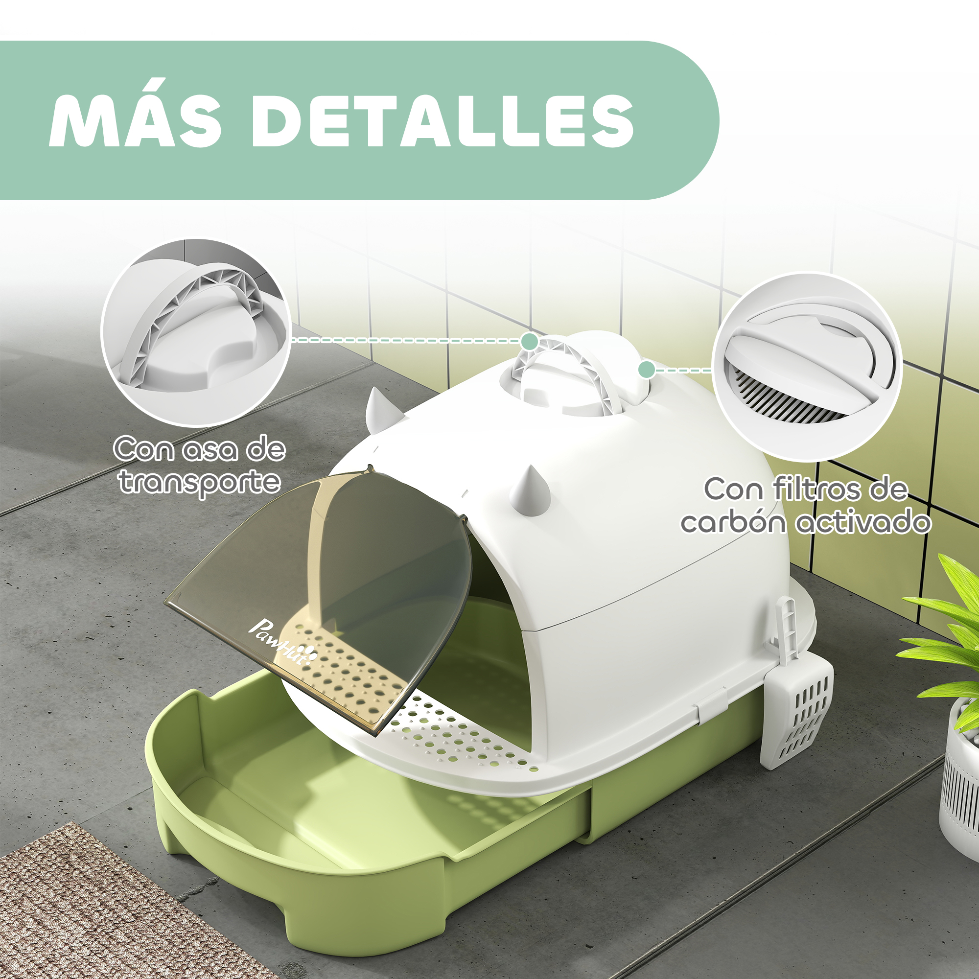 Una caja de arena blanca con la tapa abierta, mostrando el interior y las características.