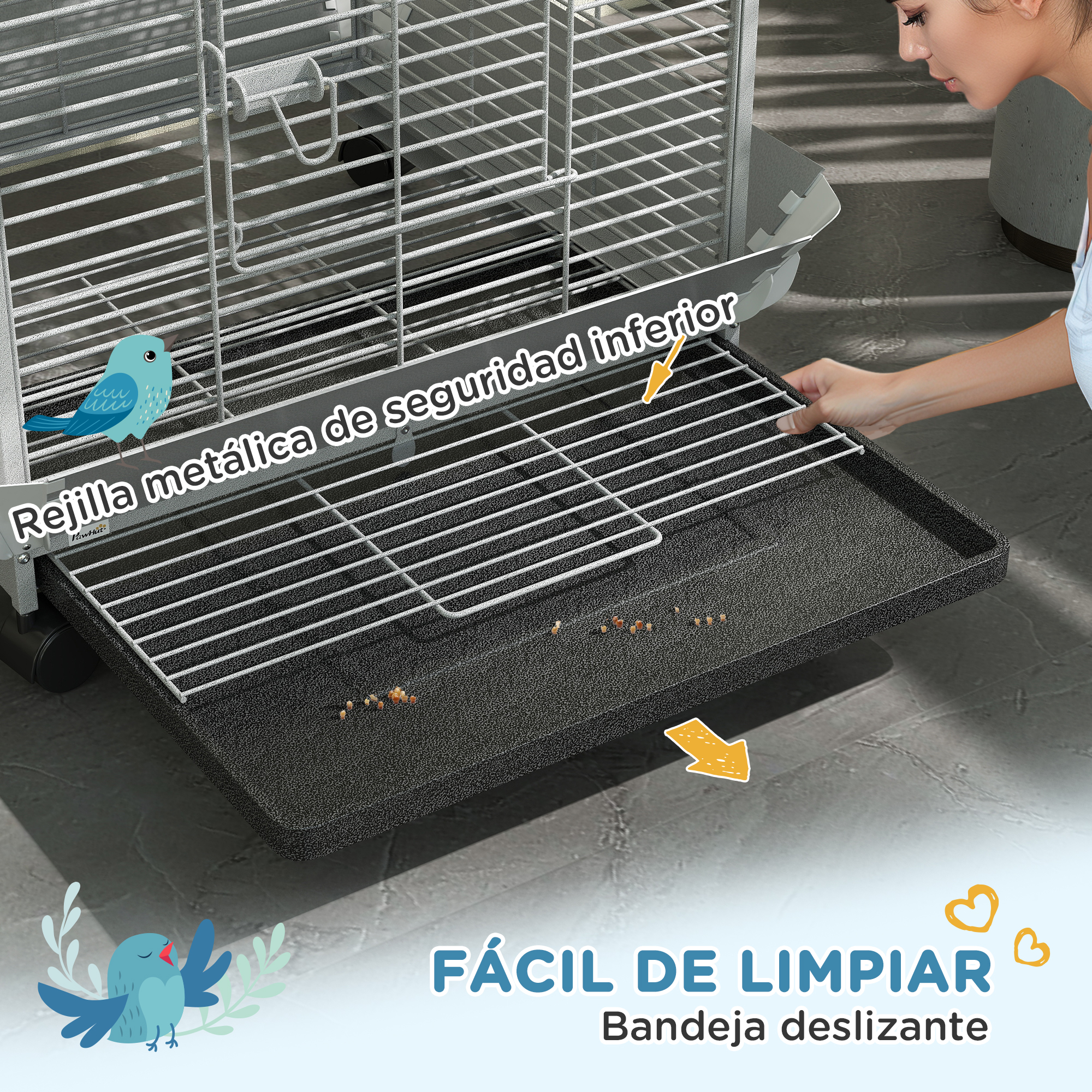 Una mujer retira una bandeja de una jaula para pájaros. La jaula tiene una rejilla metálica inferior.