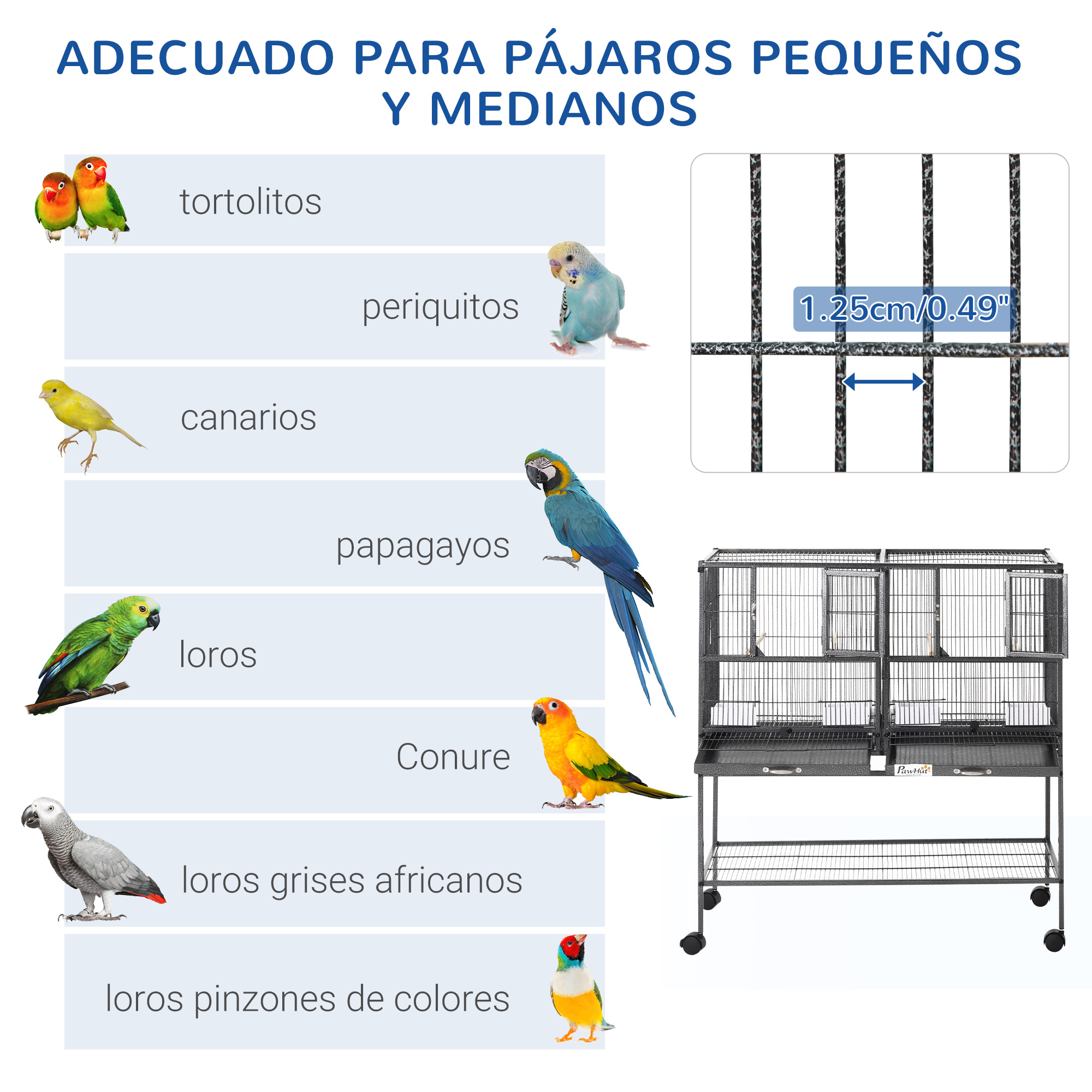 Una jaula para pájaros con diferentes aves, incluyendo loros y canarios.