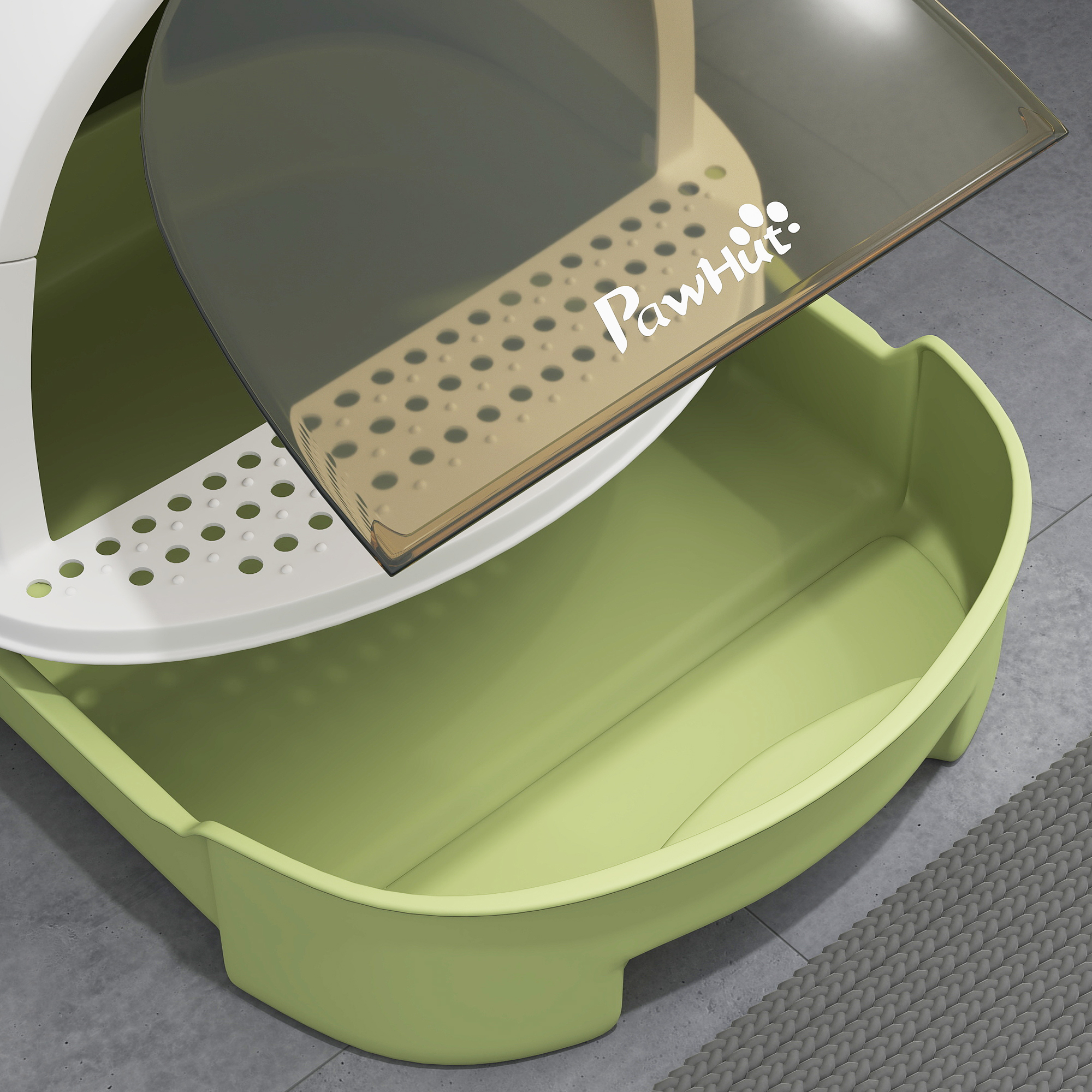 Una caja de arena para gatos con base verde. La tapa está abierta, revelando un interior blanco y marrón.