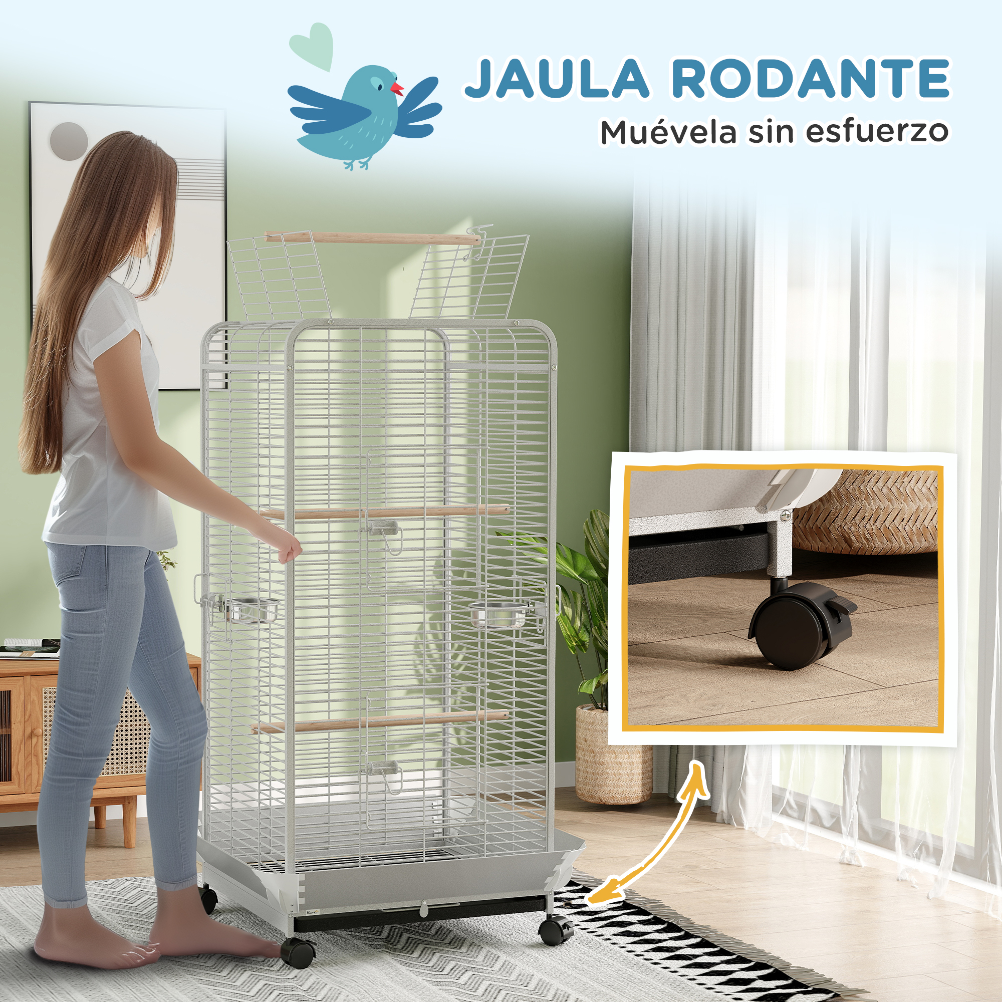 Una niña tira de una jaula rodante para pájaros. La jaula es gris con perchas de madera. Hay ruedas en la parte inferior.