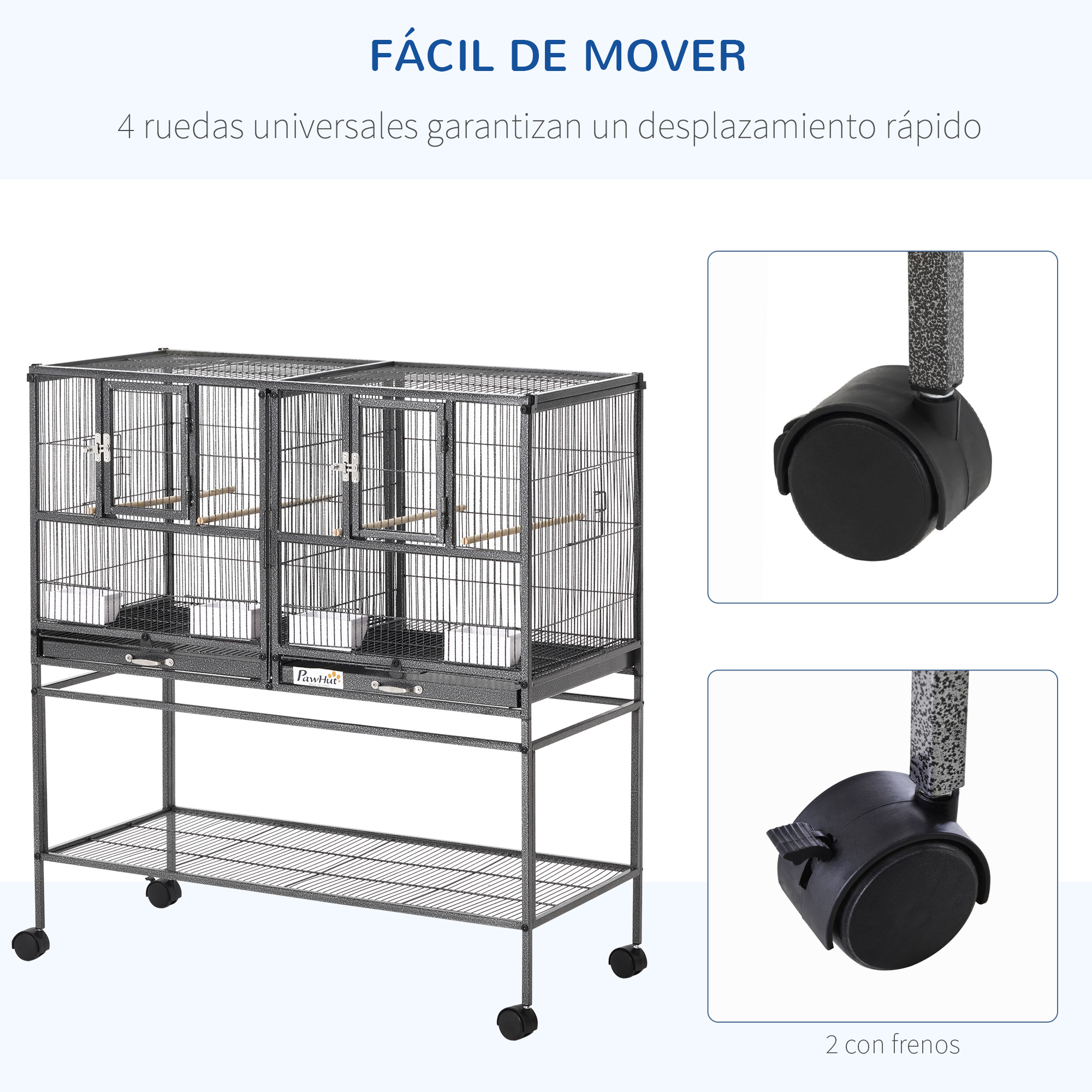 Jaula doble para pájaros sobre ruedas. Texto: Fácil de mover. Características ruedas con frenos.