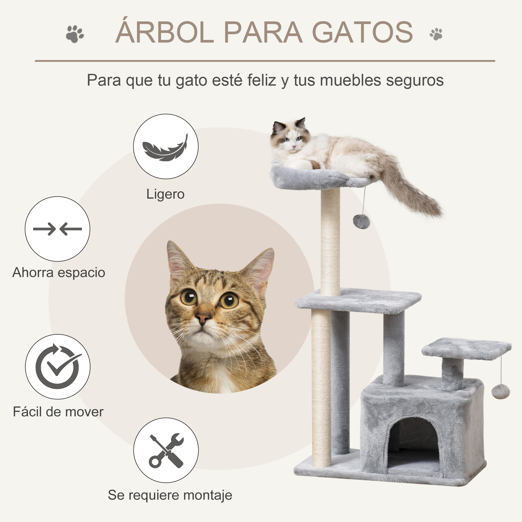 Un árbol para gatos con un gato encima e iconos con texto que describe las características del árbol.