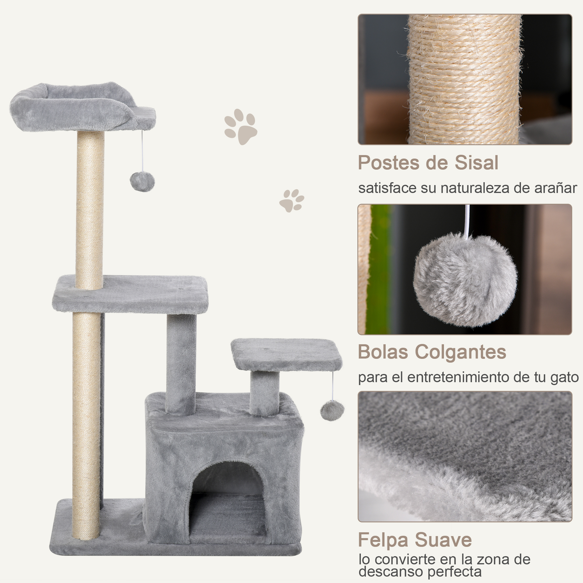 Árbol para gatos gris con múltiples niveles, postes, bolas colgantes y base suave.