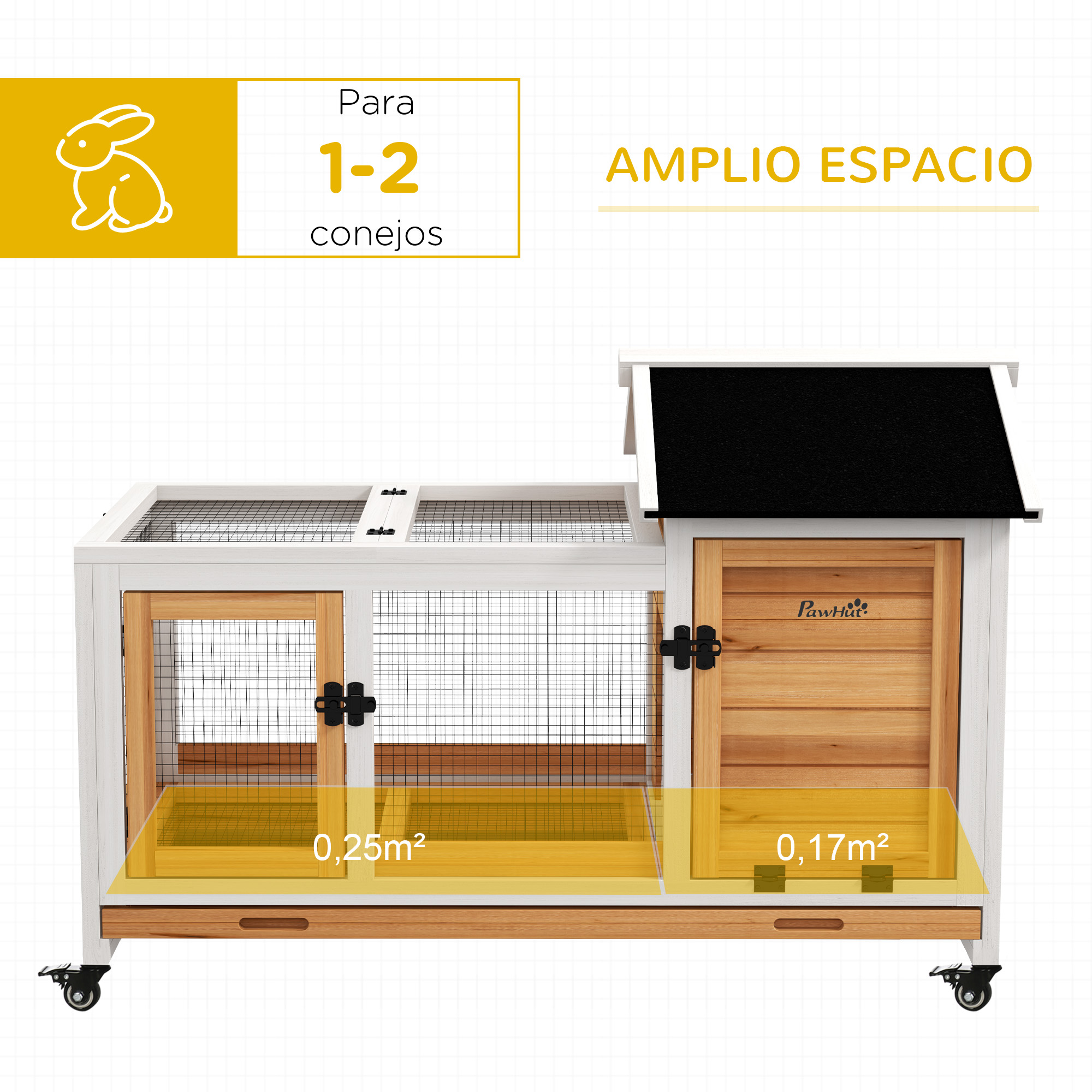 Una conejera blanca y de madera con techo negro. Incluye puerta y zona de juego.