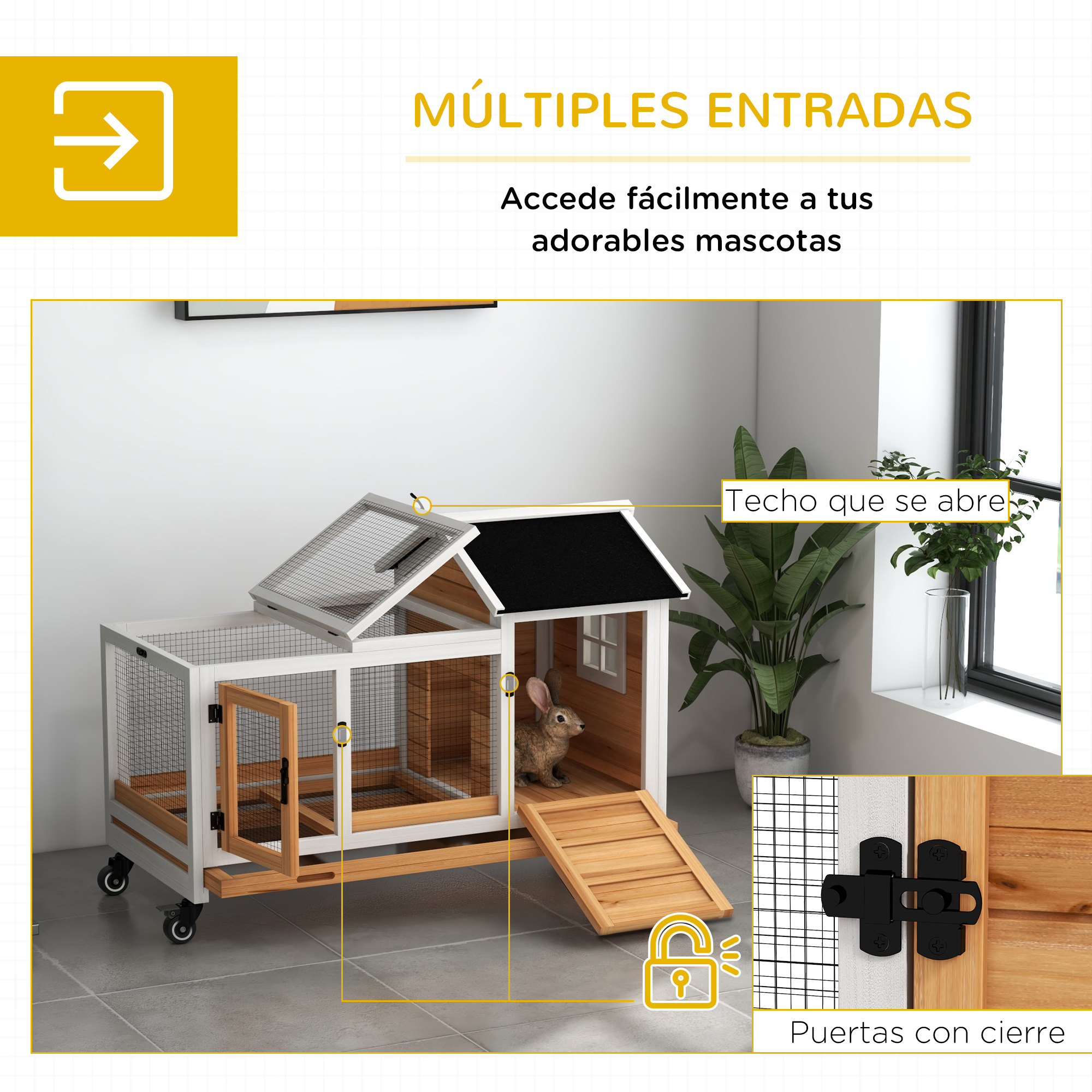 Conejera con múltiples entradas. Con un conejo, rampa de madera y puerta con cerradura. Interior.