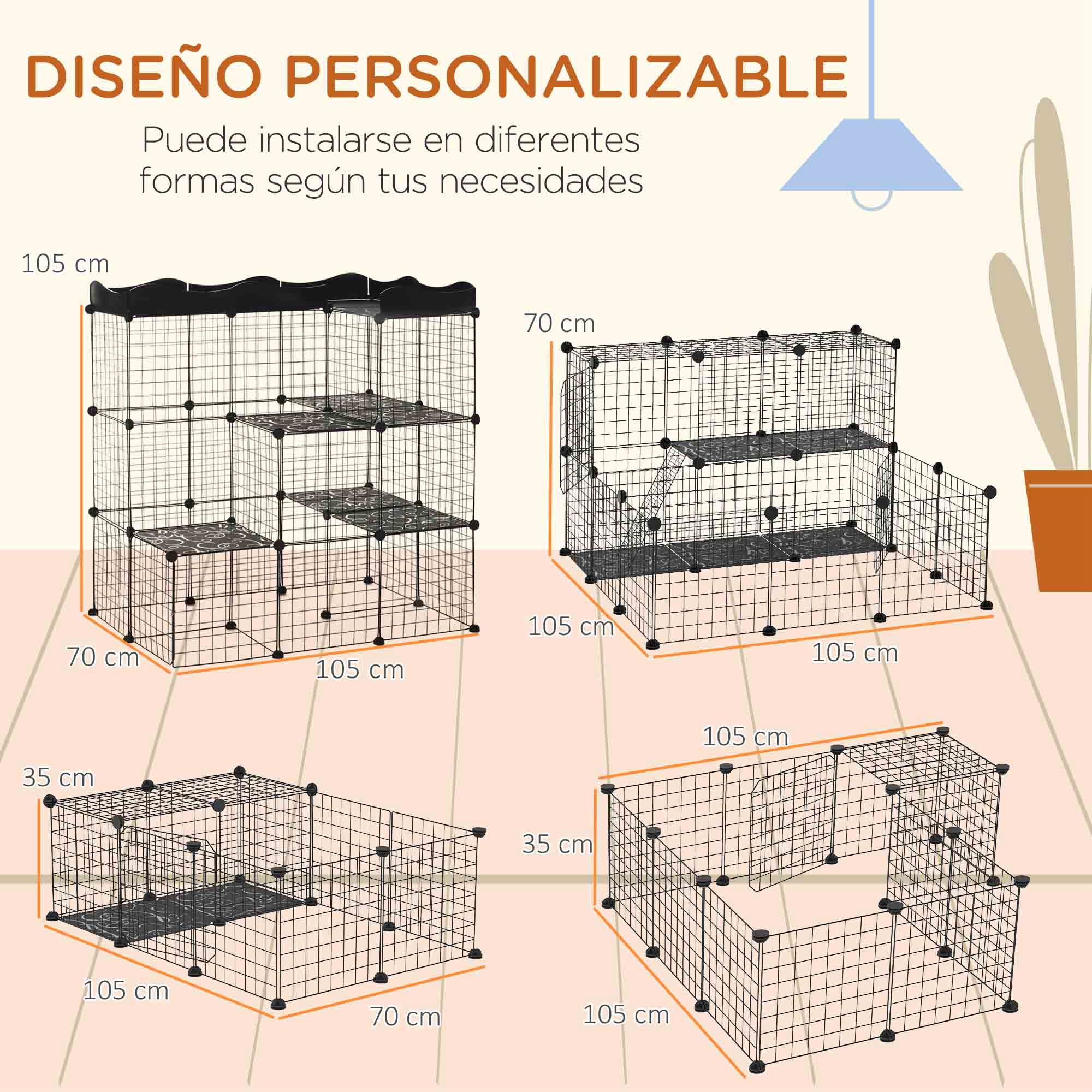 Múltiples recintos para mascotas de alambre negro, varias formas y tamaños, con etiquetas de dimensiones. Fondo blanco.