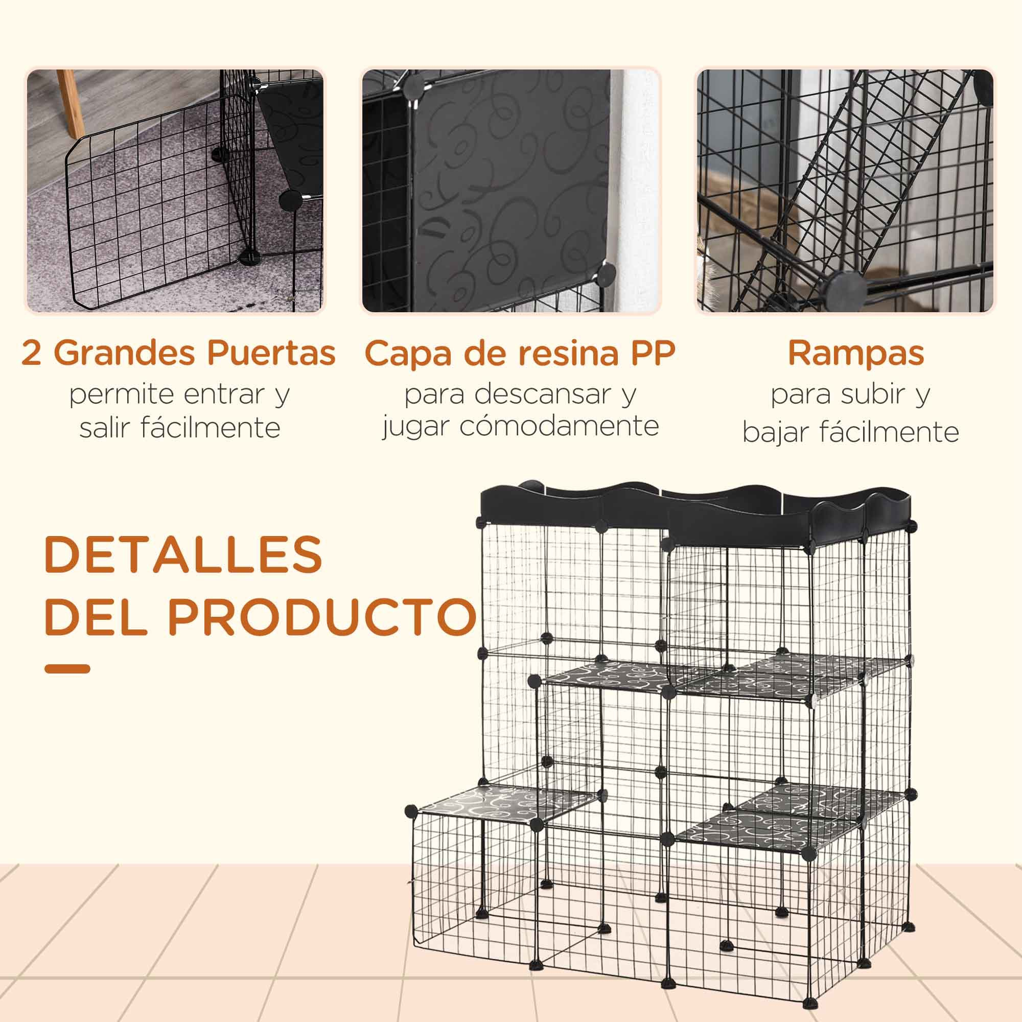 Parque para mascotas de malla de alambre negro con múltiples niveles, incluyendo rampas y paneles de resina PP.