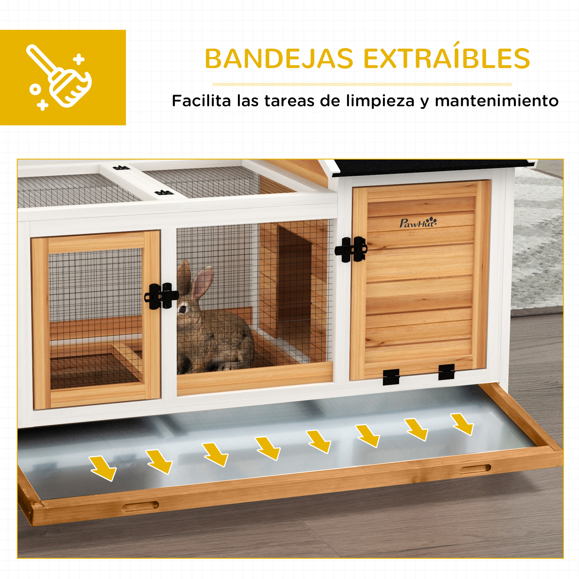 Conejera con bandeja extraíble. La conejera tiene un marco de madera y una malla de alambre.