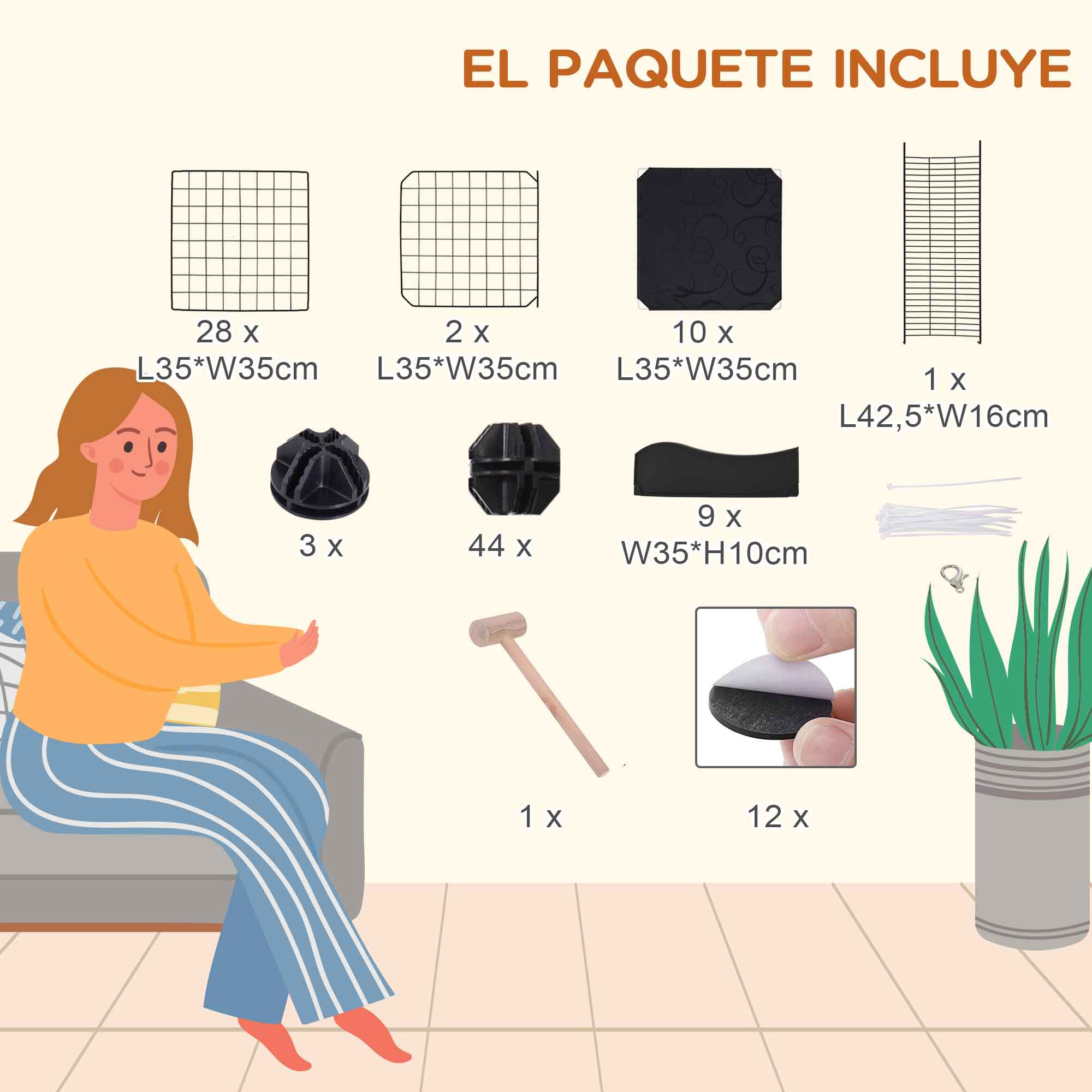 Mujer montando componentes, incluyendo rejillas, conectores, un mazo y acolchado, cerca de una planta.
