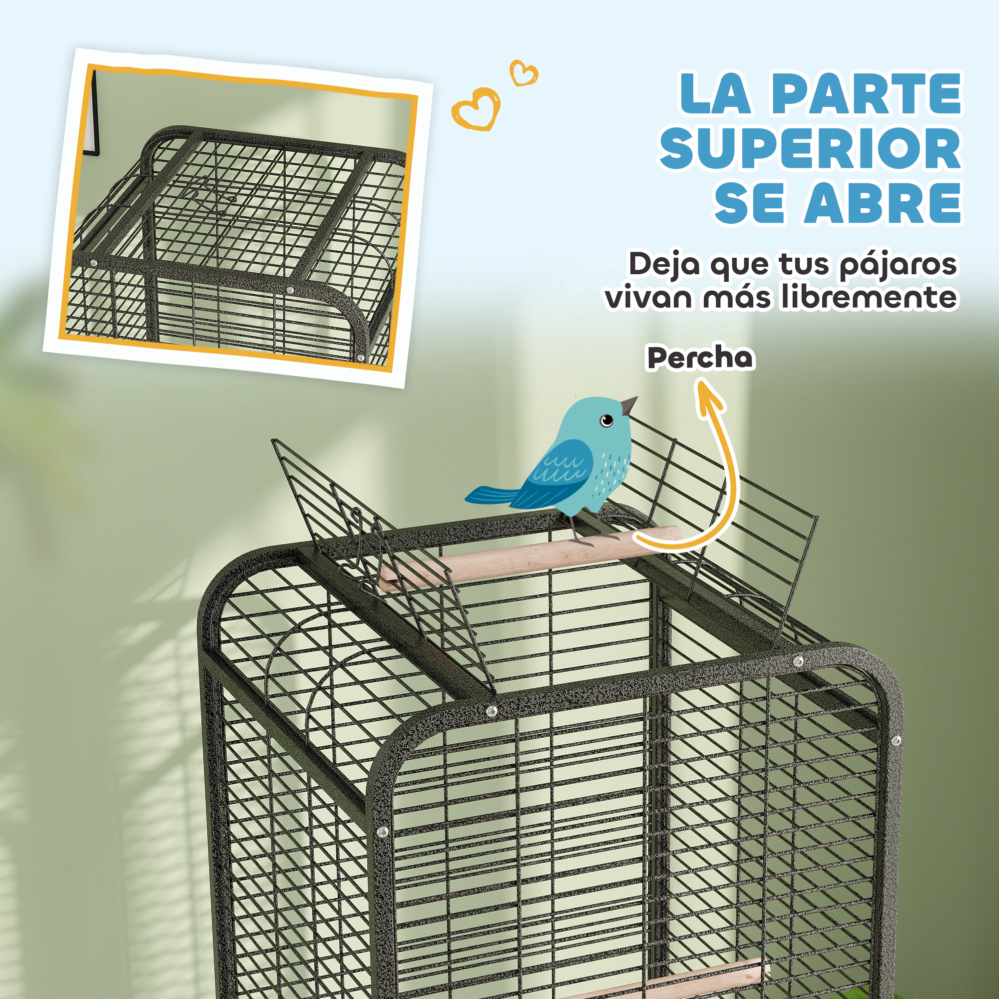 Una jaula para pájaros con un pájaro posado en una percha de madera. La parte superior está abierta.