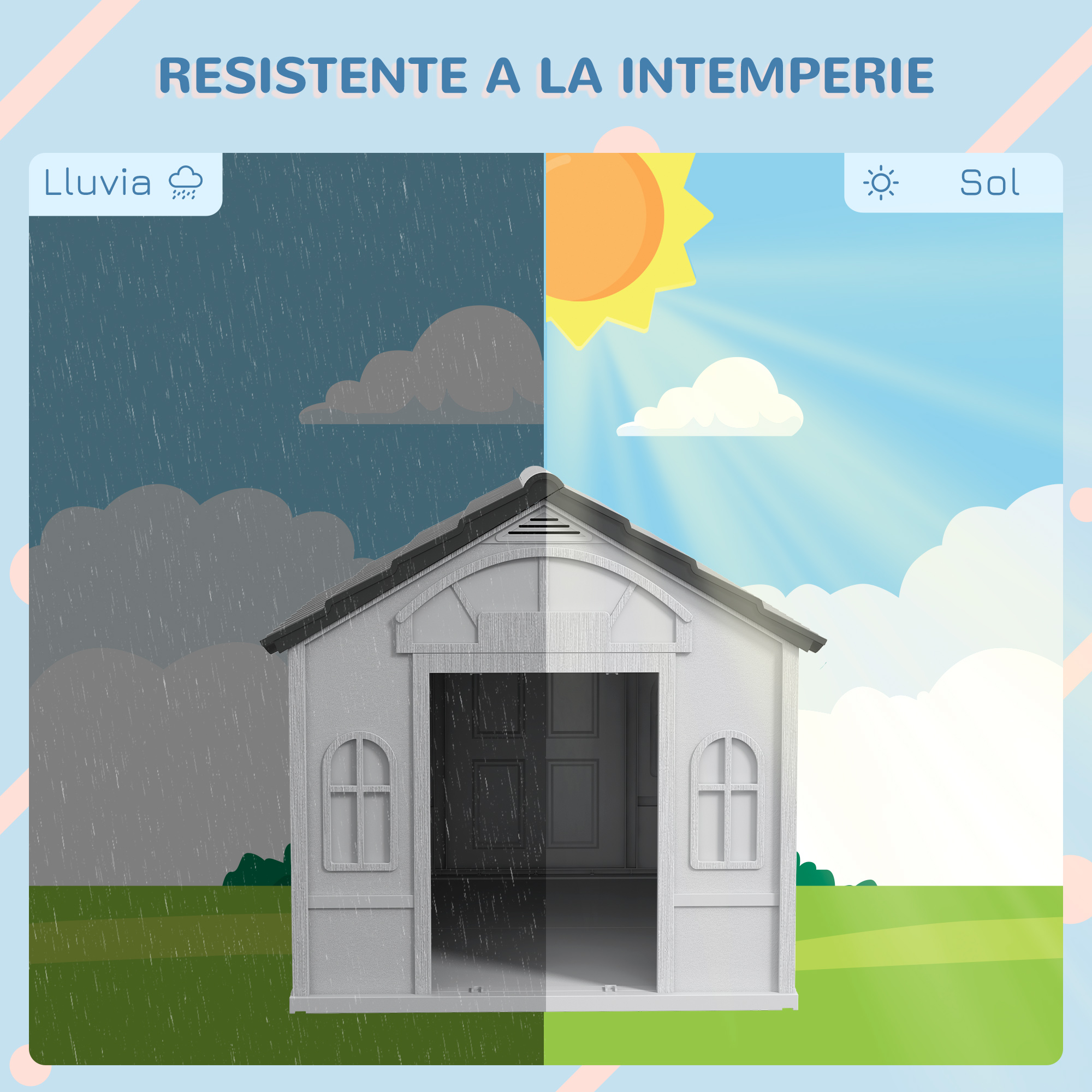 Casa para perros bajo la lluvia y el sol. El texto está en español. Hierba verde y cielo azul.