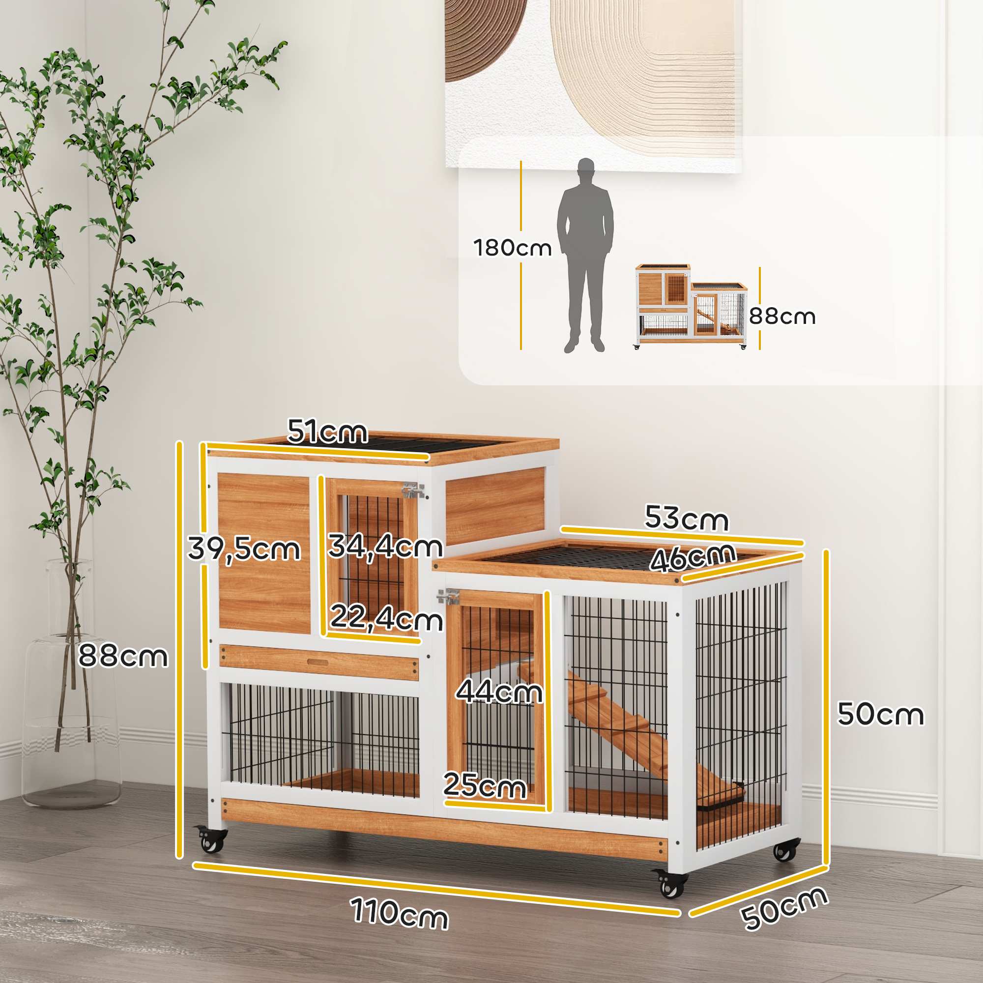 Dimensiones de una conejera. Está hecha de madera y alambre, con una rampa en el interior.