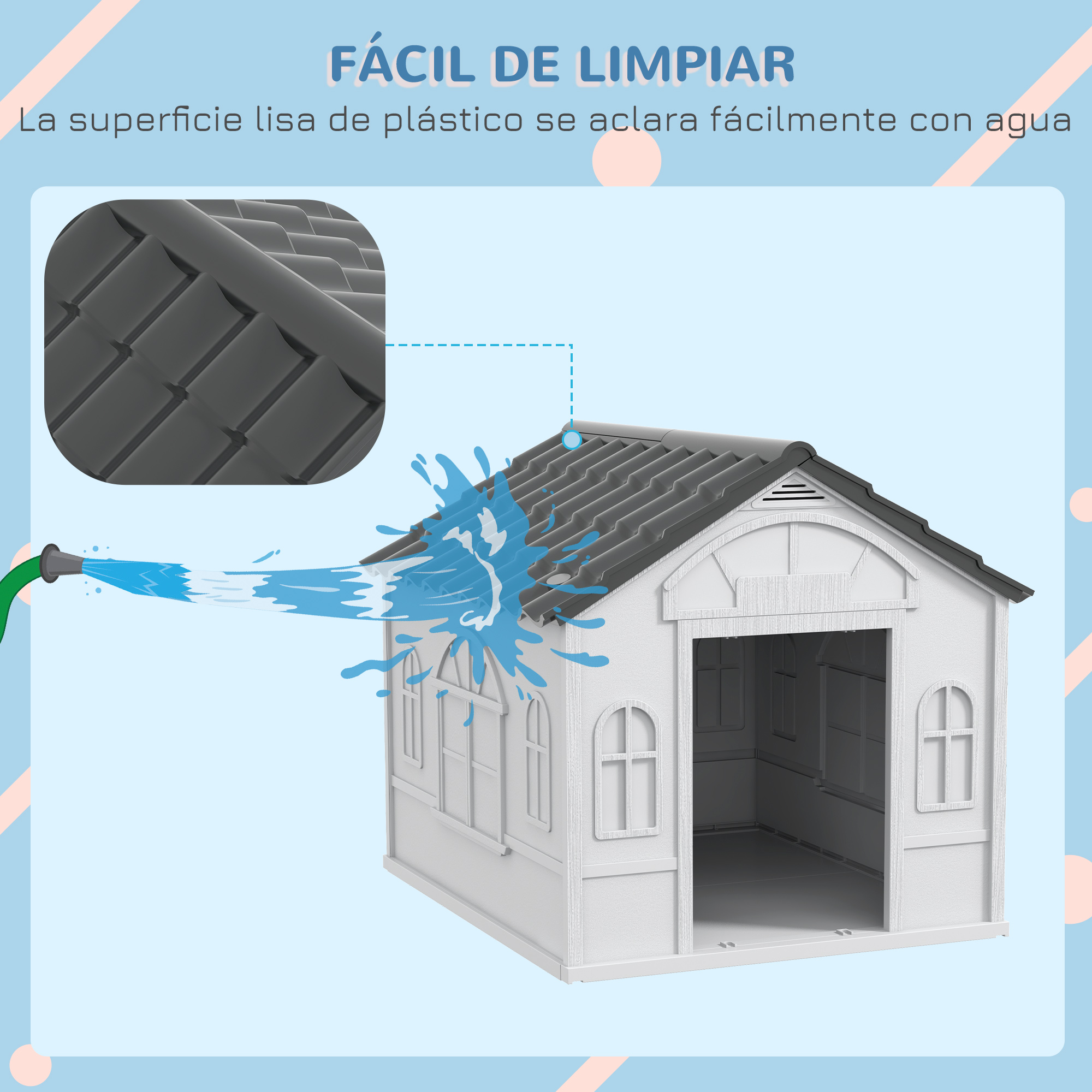 Una casita de juegos blanca que se limpia con una manguera, con un primer plano del techo.