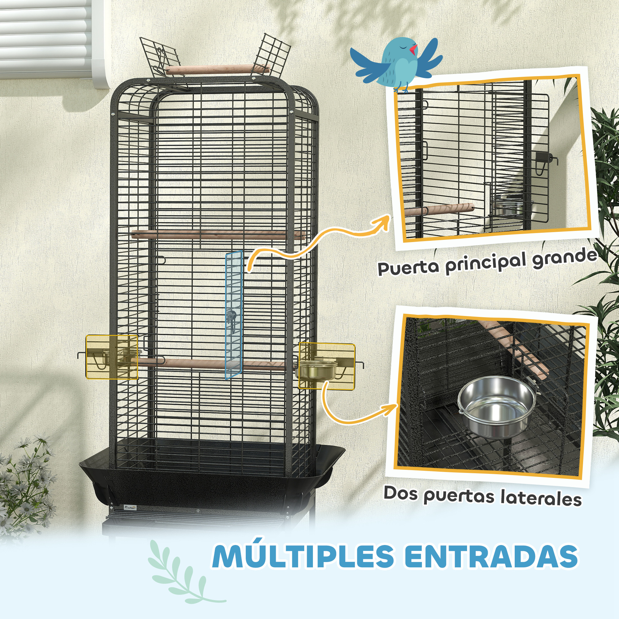 Una jaula para pájaros negra con múltiples entradas e ilustraciones de un pájaro.