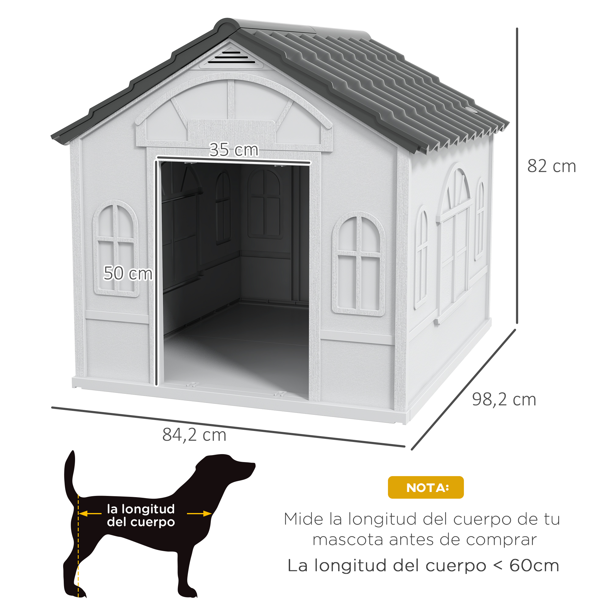 Casa para perros blanca con dimensiones. Tiene un techo negro y está junto a una silueta de perro.
