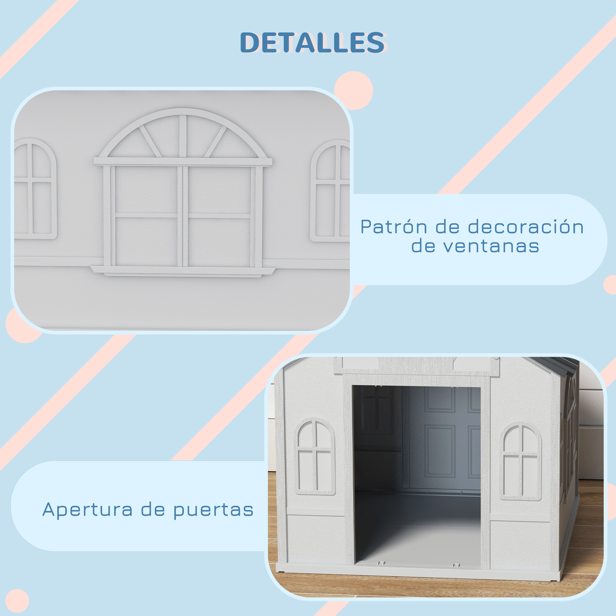 Primer plano de detalles de ventanas blancas. La imagen superior muestra un patrón de ventana. La imagen inferior muestra detalles de apertura de puertas.