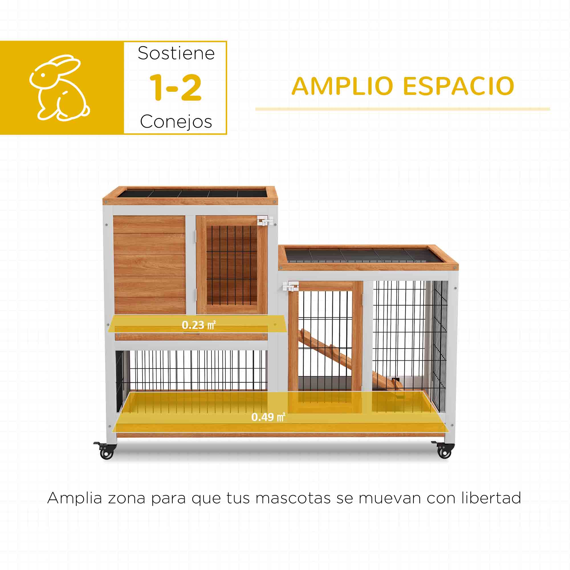 Una conejera con el texto 'Ample Space' y una imagen de un conejo con texto en español.