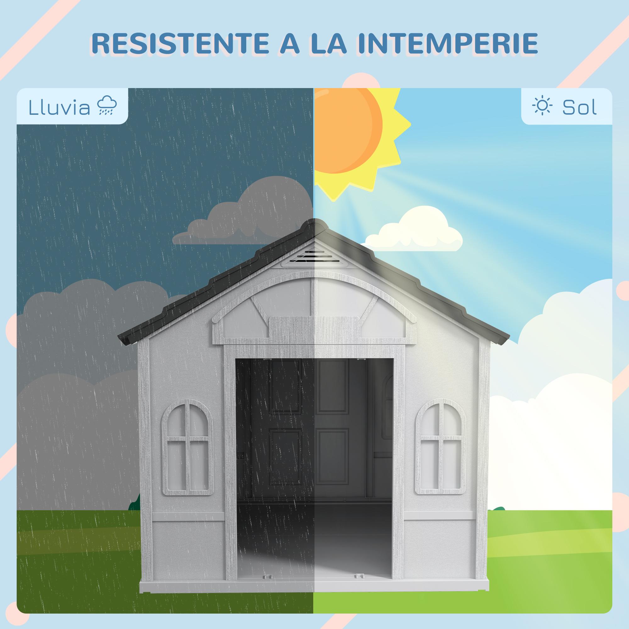 Una ilustración de caseta para perros, mitad en lluvia y mitad en sol, con el texto "Resistente a la intemperie".
