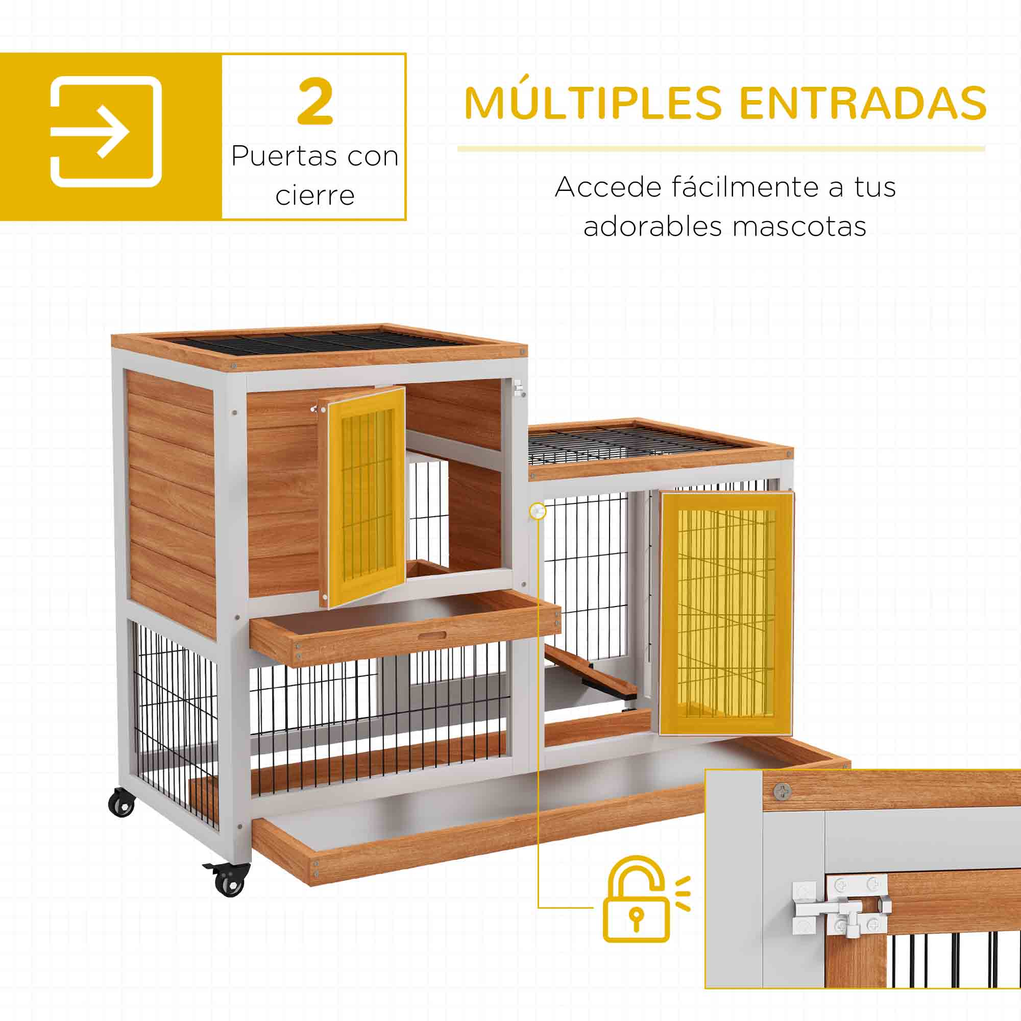 Jaula de conejo de madera con múltiples puertas de entrada. Tiene una bandeja y está sobre ruedas. Puerta amarilla.