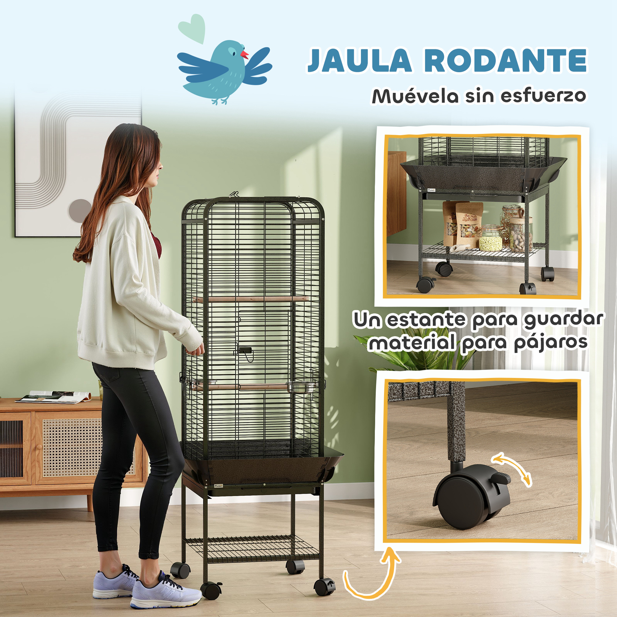 Mujer junto a una jaula negra para pájaros con ruedas.