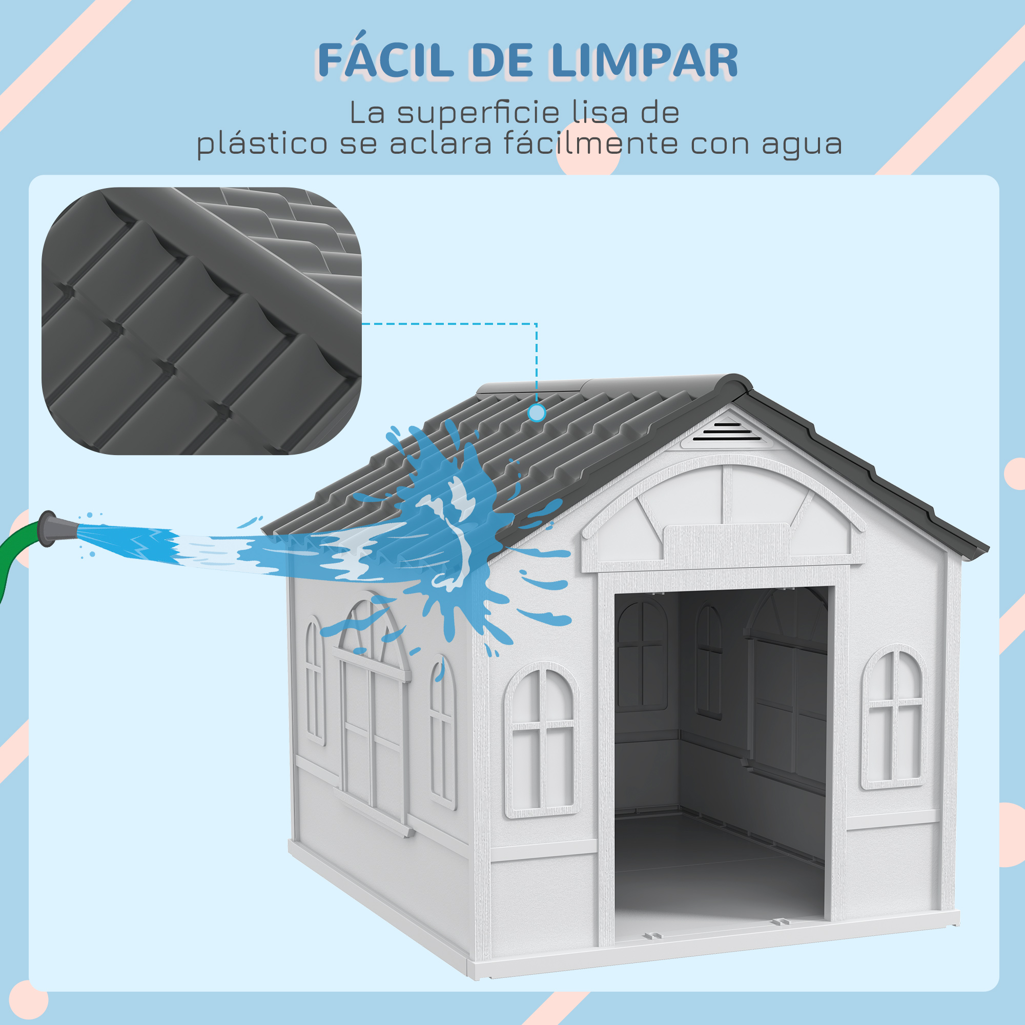 Una casa de juegos de plástico blanco se limpia con agua. La casa tiene un techo gris y ventanas arqueadas.