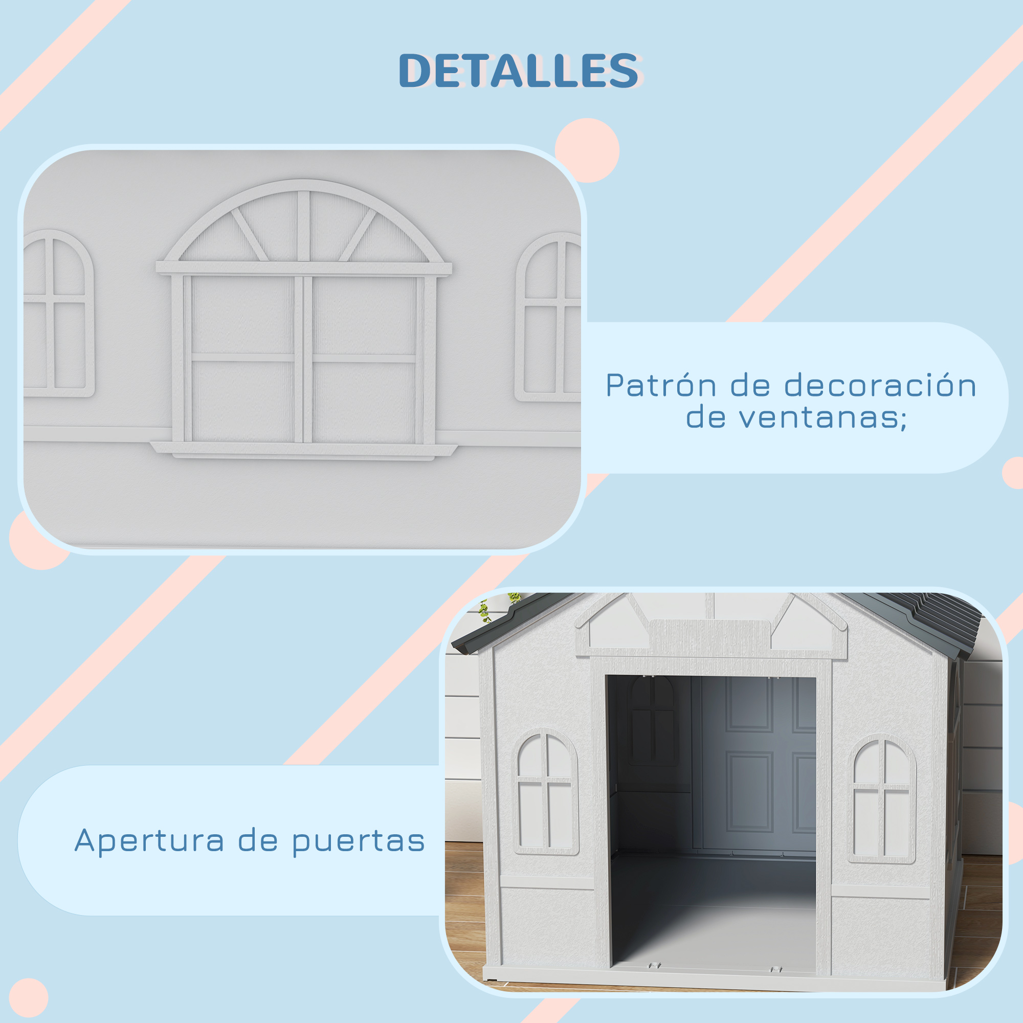 Una casita blanca con detalles de ventanas y puertas. Texto: apertura de puertas y decoración de ventanas.