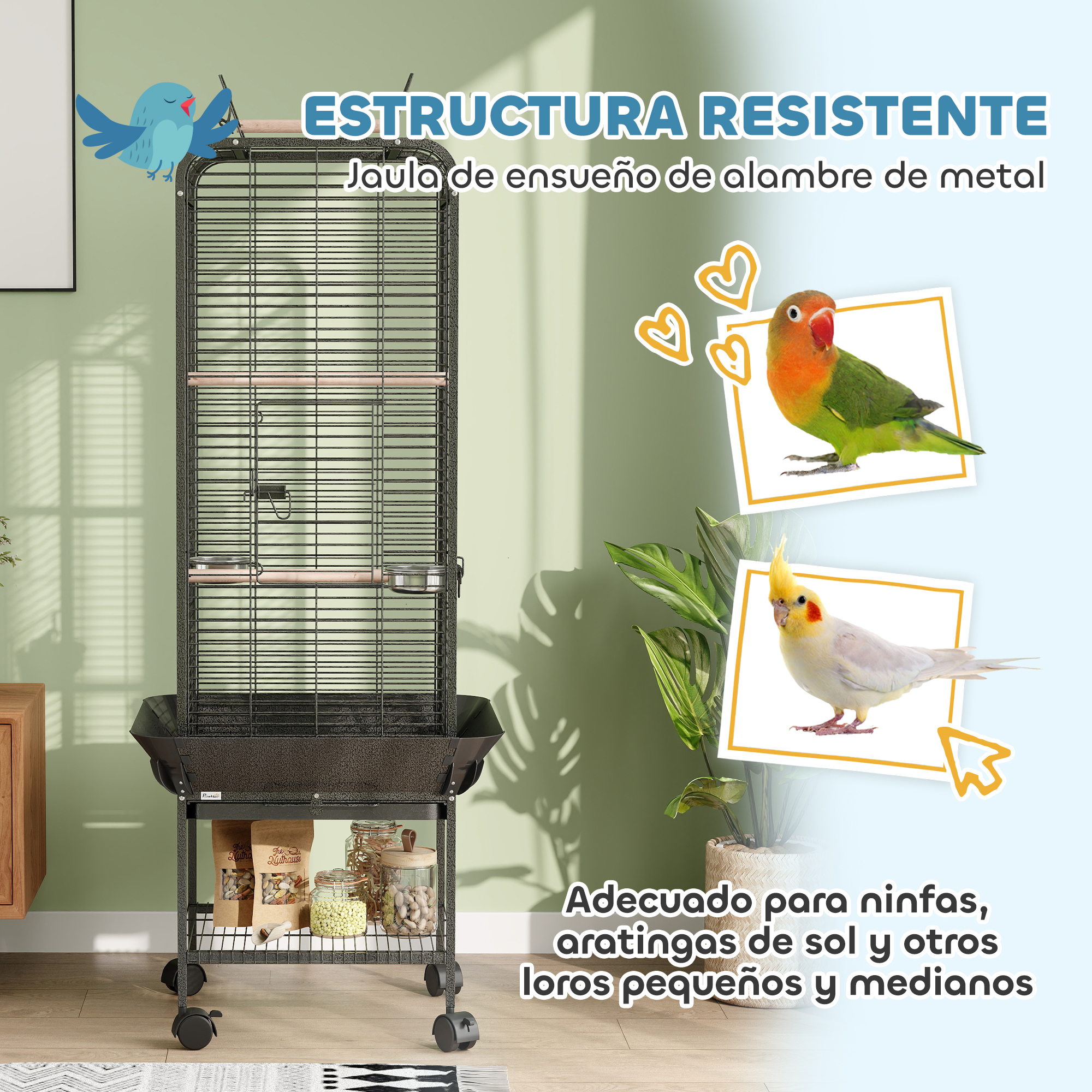 Una jaula para pájaros con pájaros y texto, con imágenes de pájaros, en un entorno doméstico.