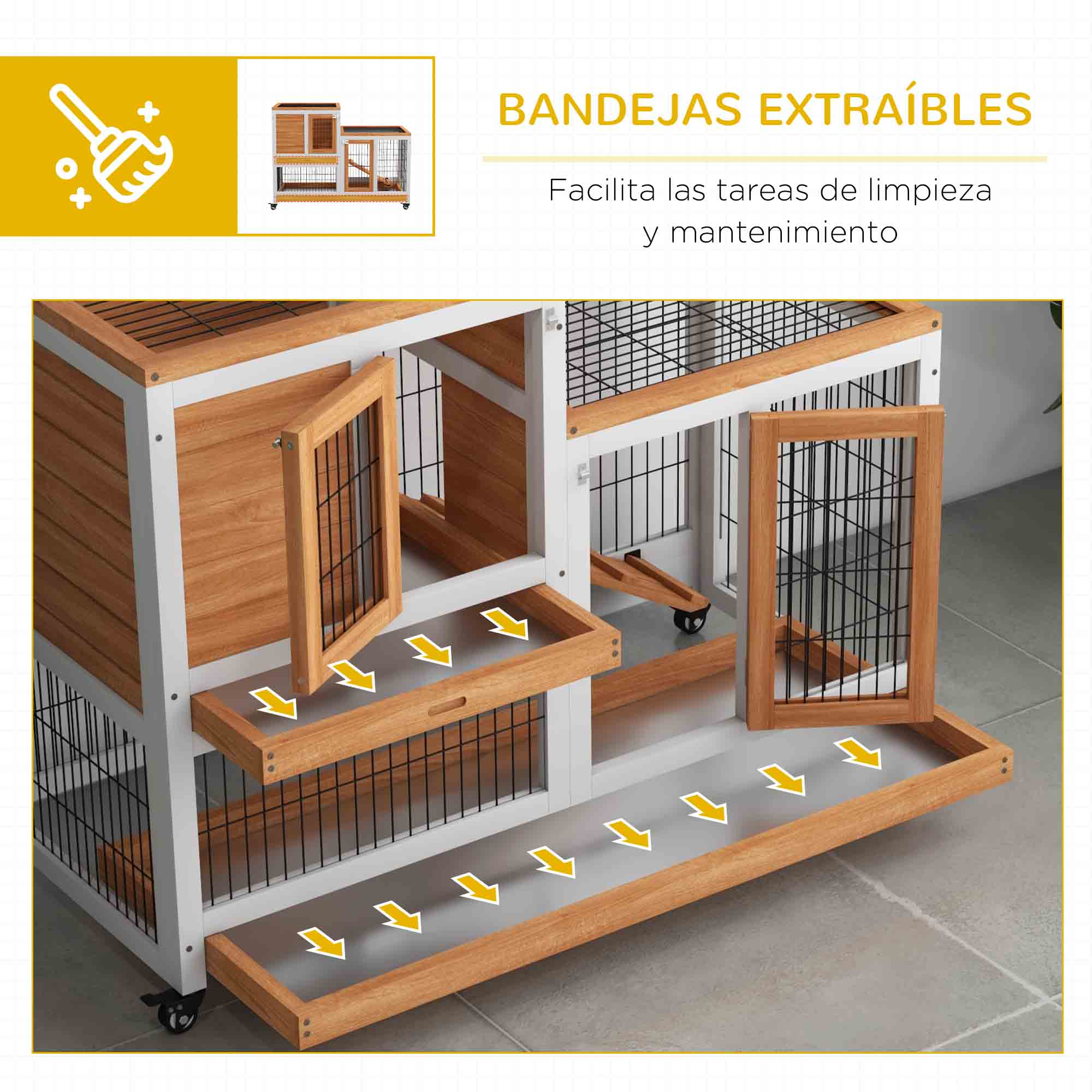 Conejera con bandejas extraíbles y múltiples aperturas. Partes de madera y alambre.