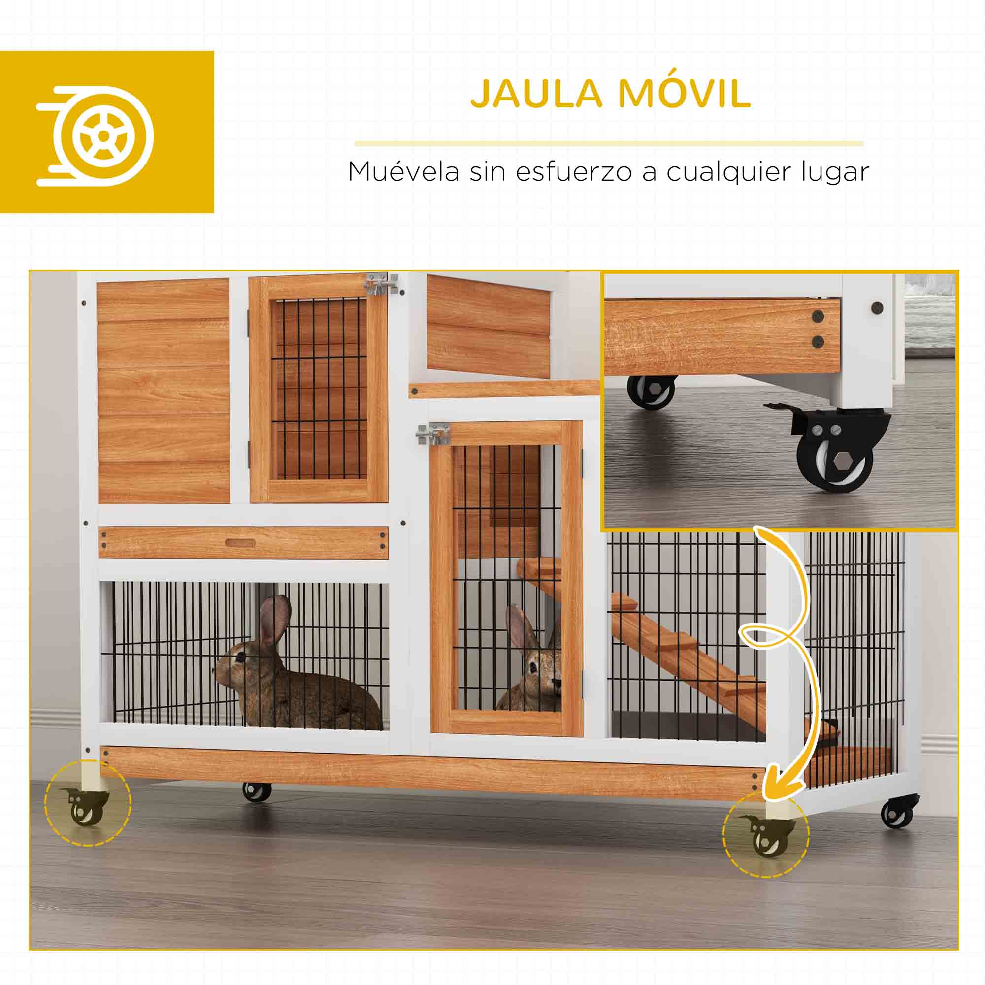 Jaula de conejos con ruedas. Dos conejos dentro. Construcción de madera y metal.