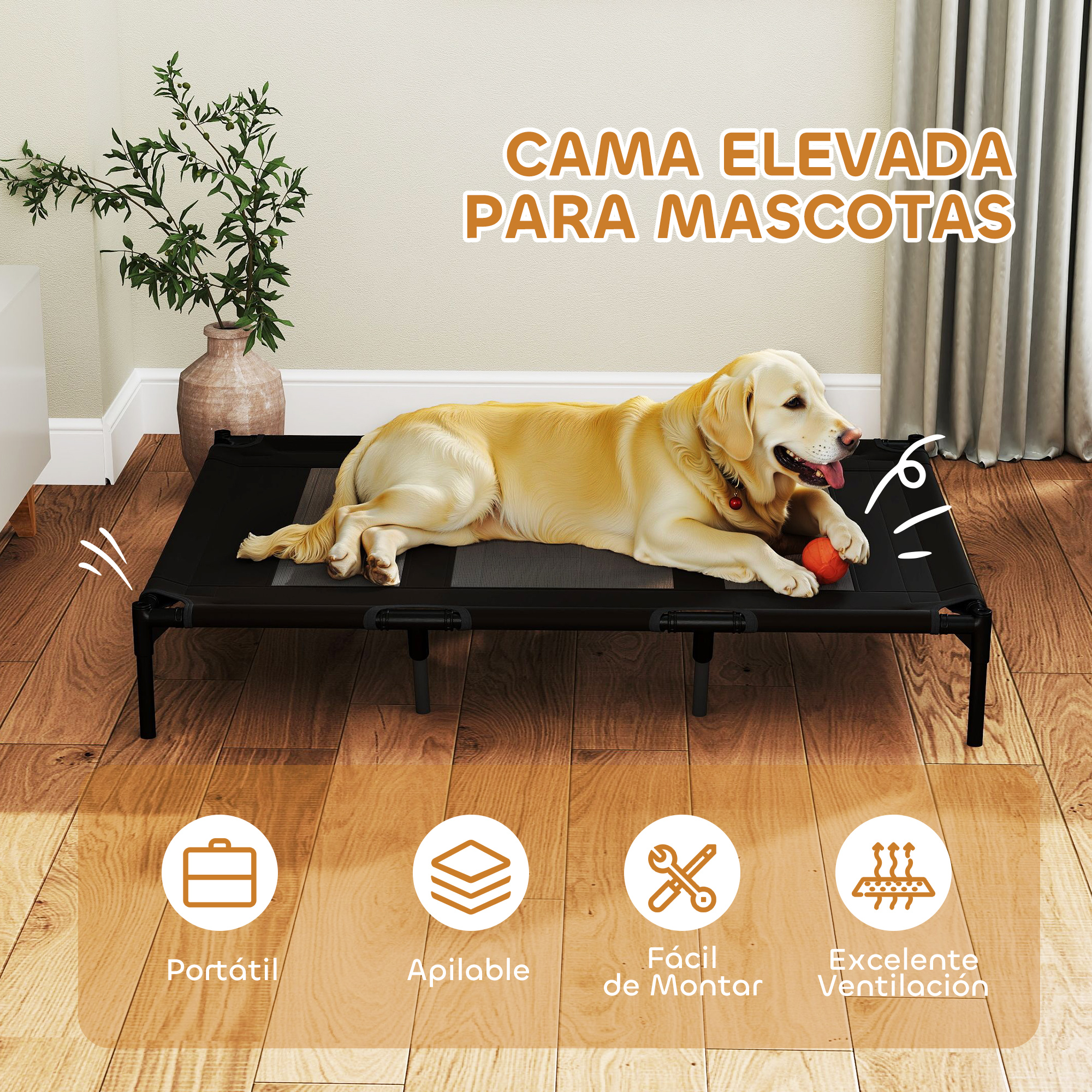 Un perro amarillo en una cama elevada para mascotas negra. Está acostado con una pelota roja en la imagen.