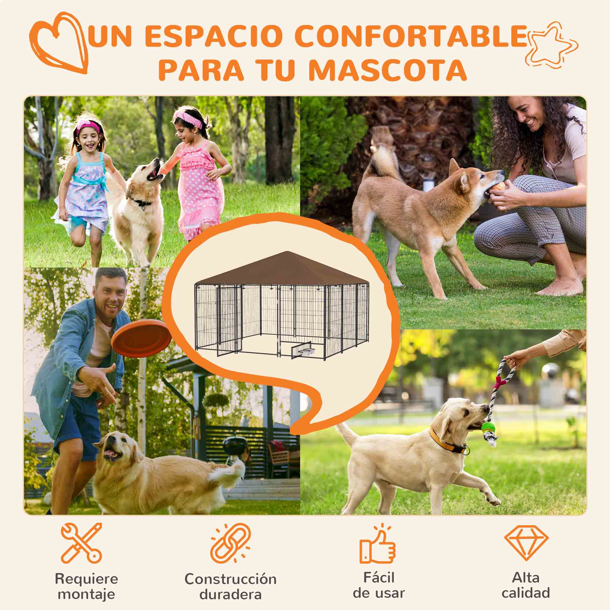 Collage de perros jugando cerca de una caseta. Texto: «UN ESPACIO CONFORTABLE PARA TU MASCOTA».