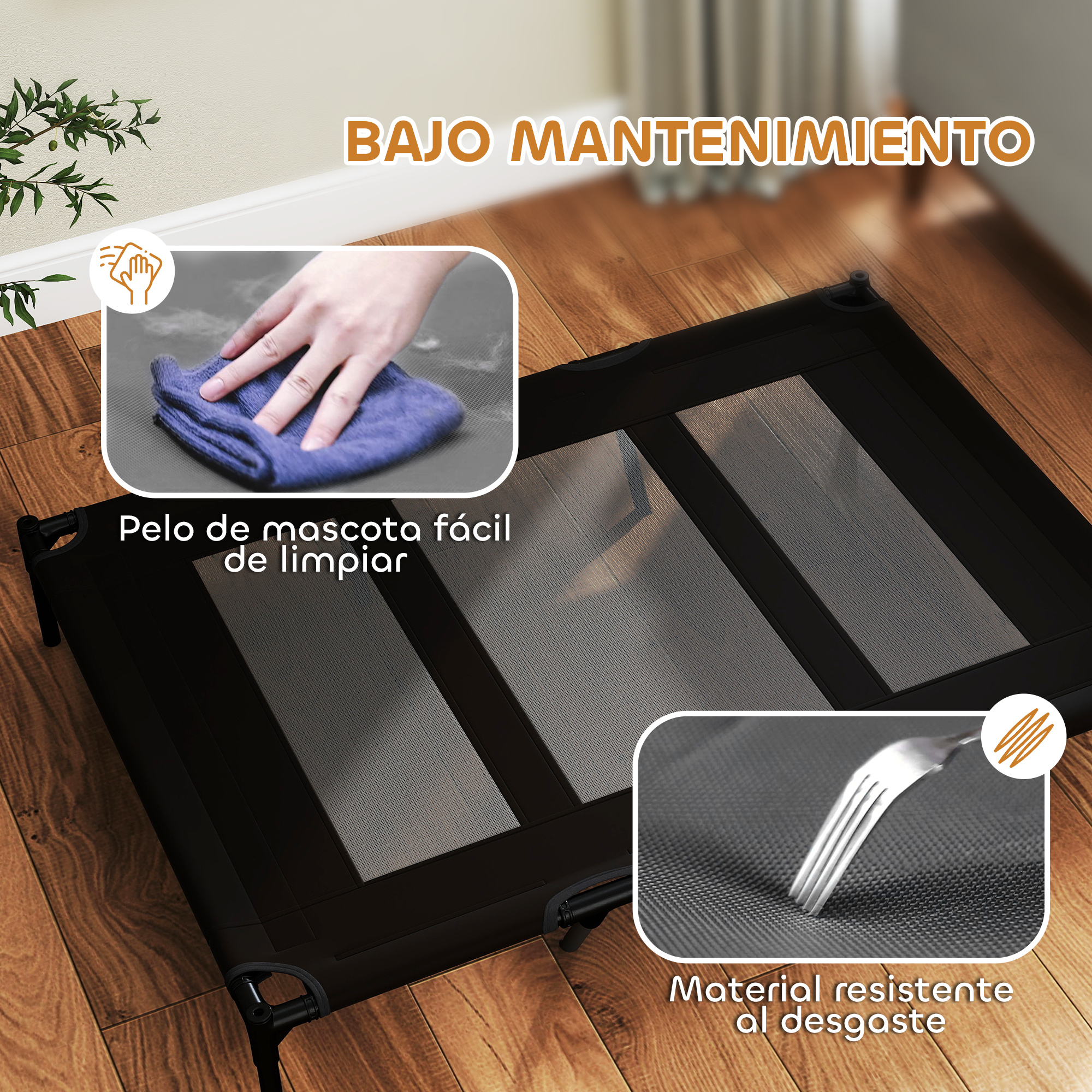 Cama negra para mascotas con ventana de malla. Mano limpia cama con paño azul.