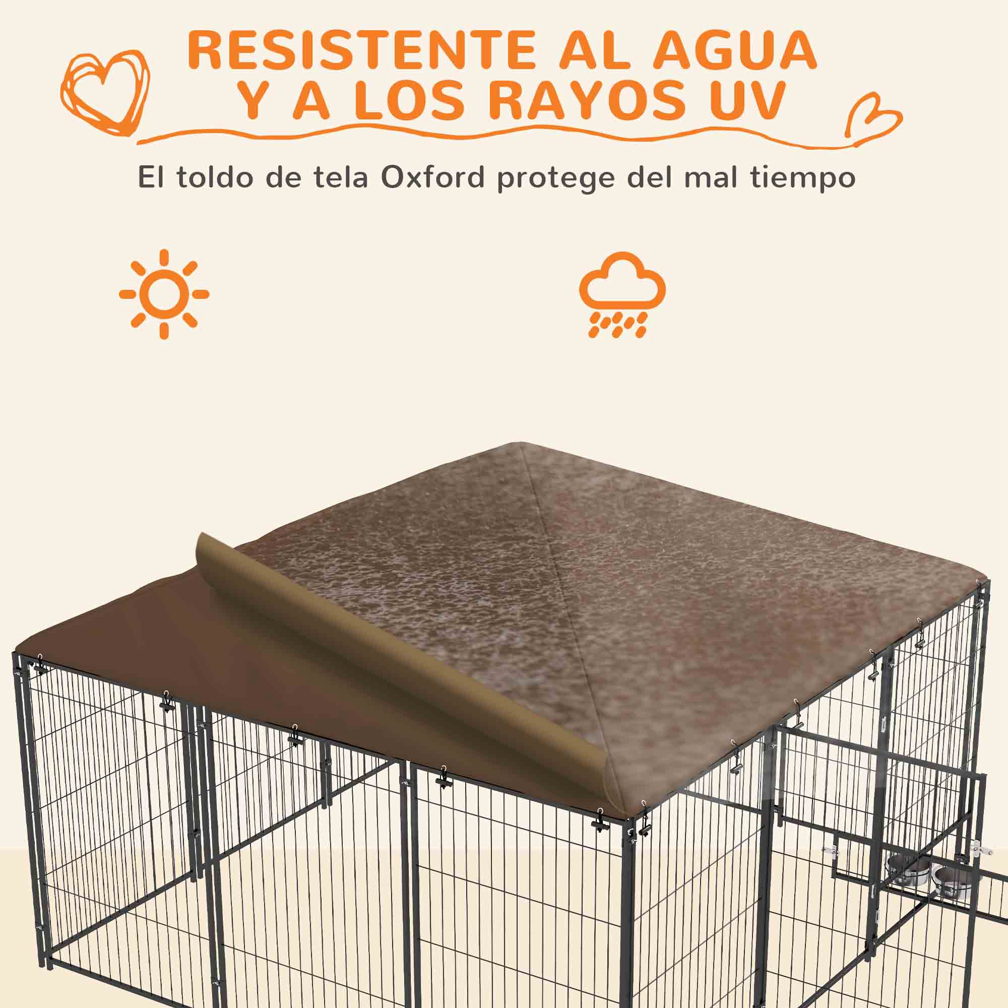Recinto para mascotas marrón con techo de tela Oxford marrón. Texto: Resistente al agua y a los rayos UV.