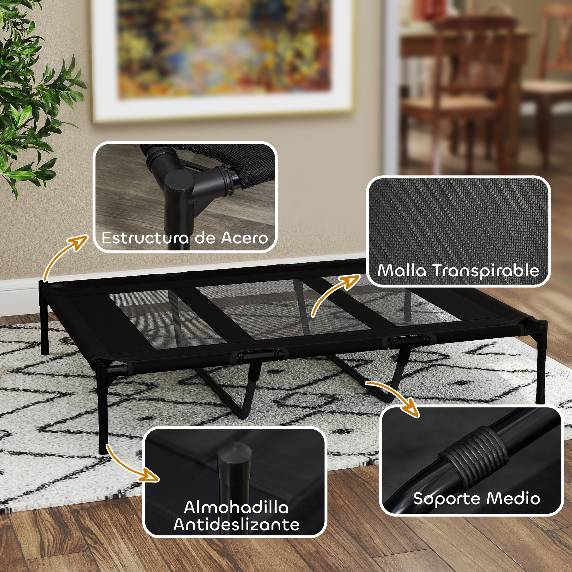 Una cama negra para mascotas con detalles que muestran el marco, la malla transpirable y las almohadillas antideslizantes.