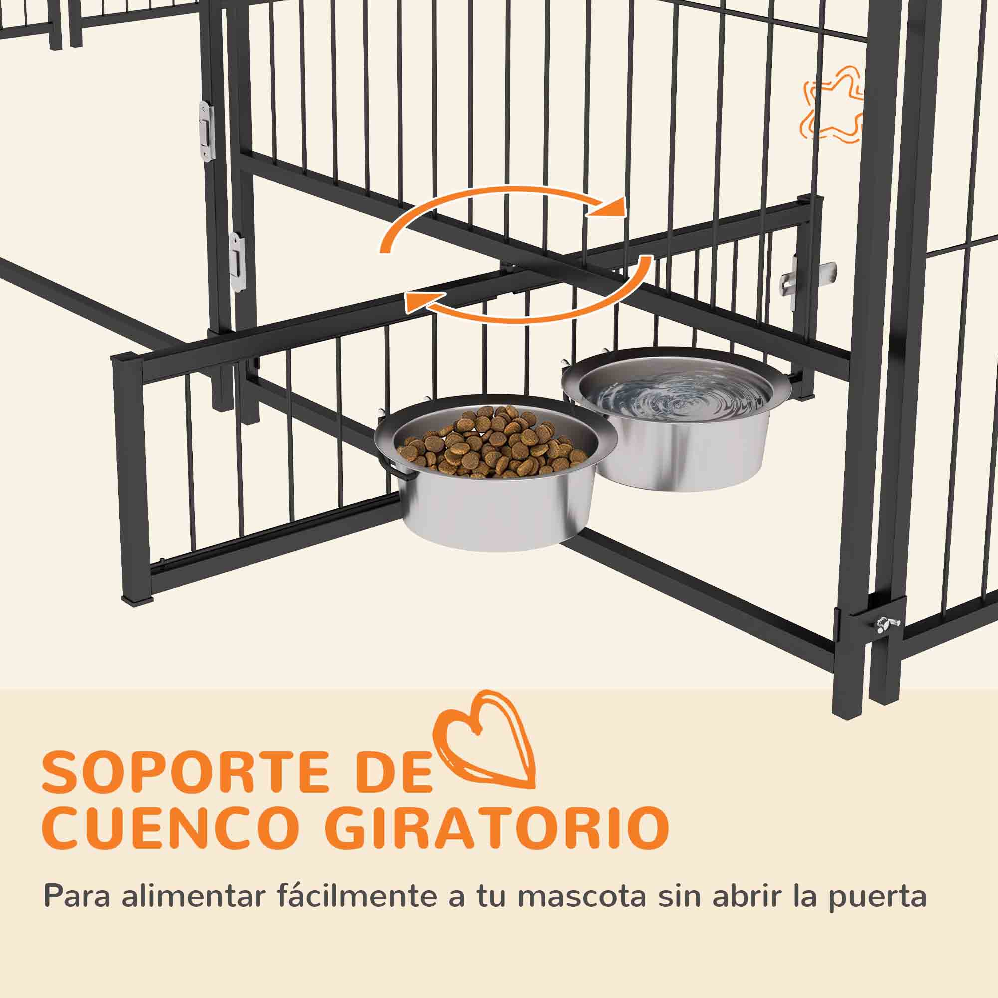 Una jaula para perros con cuencos giratorios para comida y agua, con un entorno de jaula.