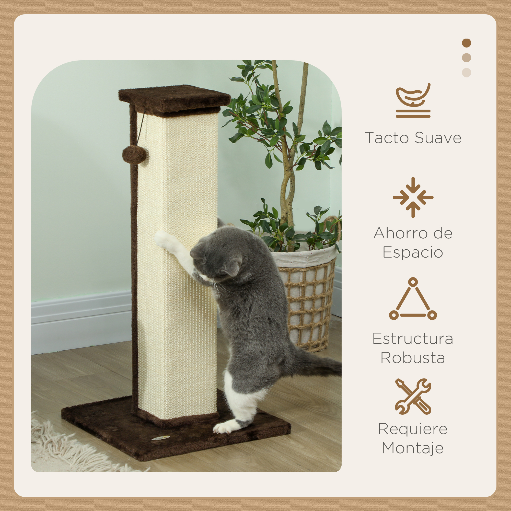 Un gato está trepando por un rascador. El poste es marrón y el gato es gris y blanco.