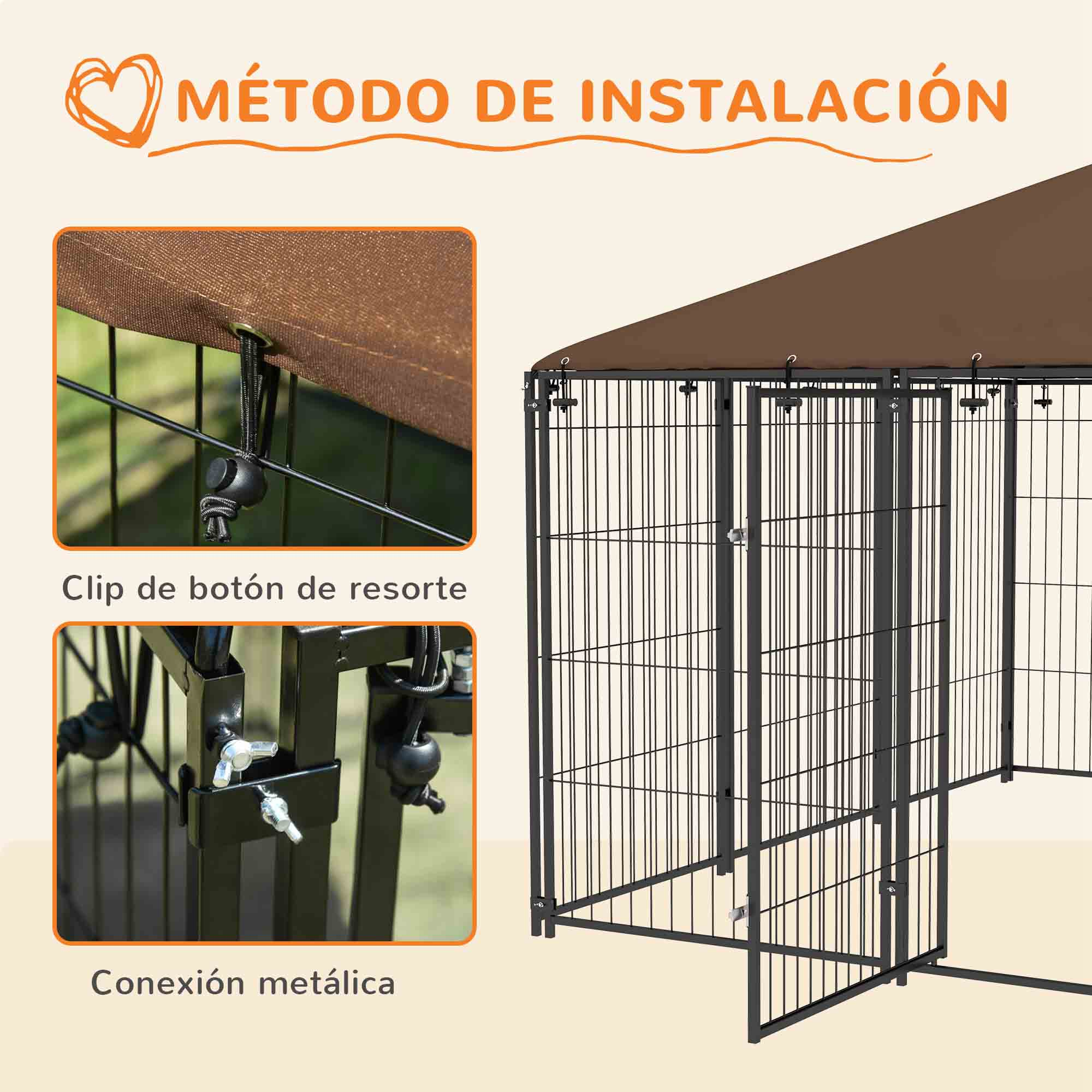 Recinto de valla para perros, que muestra el clip del botón de resorte y la conexión metálica.