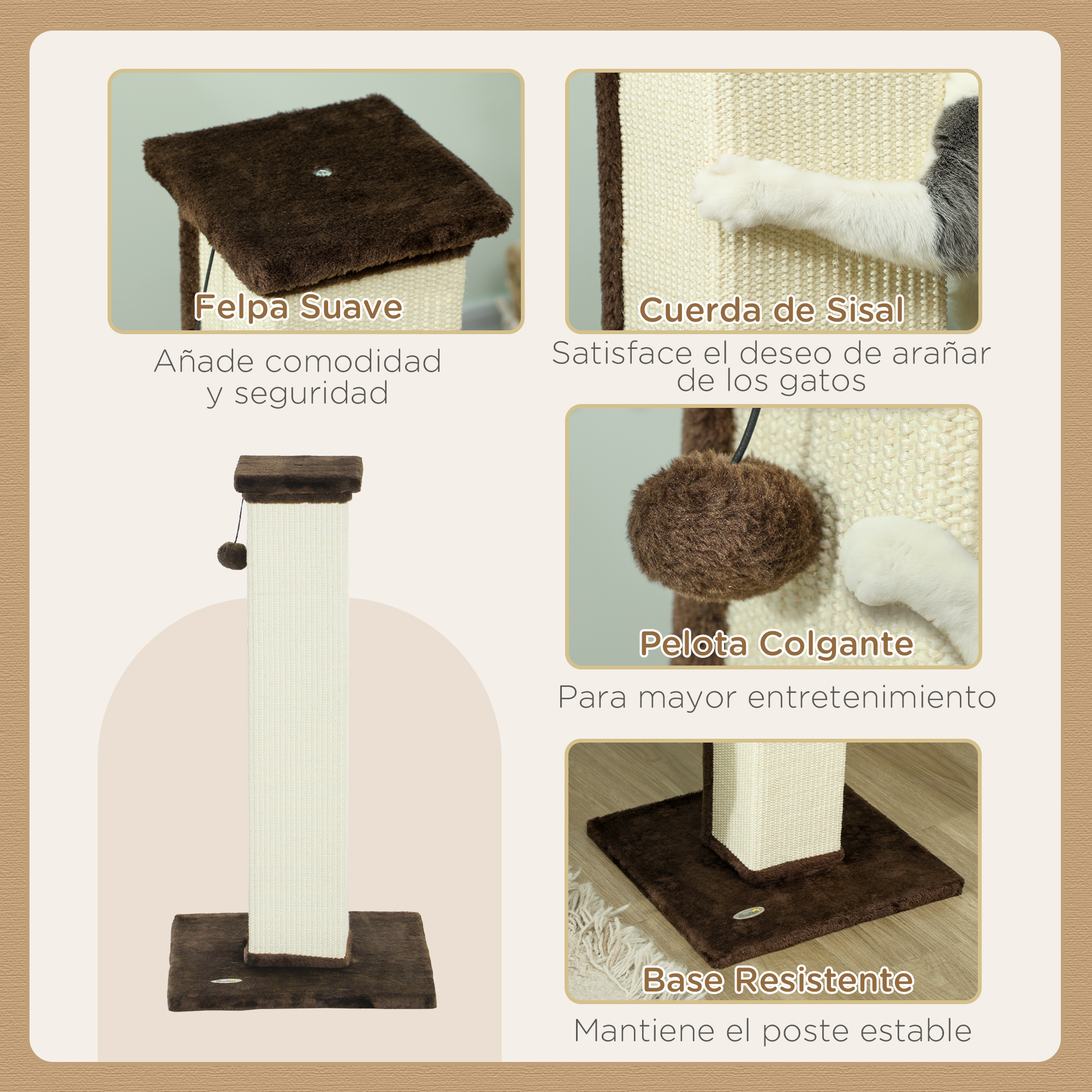Rascador para gatos con parte superior de felpa, cuerda de sisal, bola colgante y base resistente.