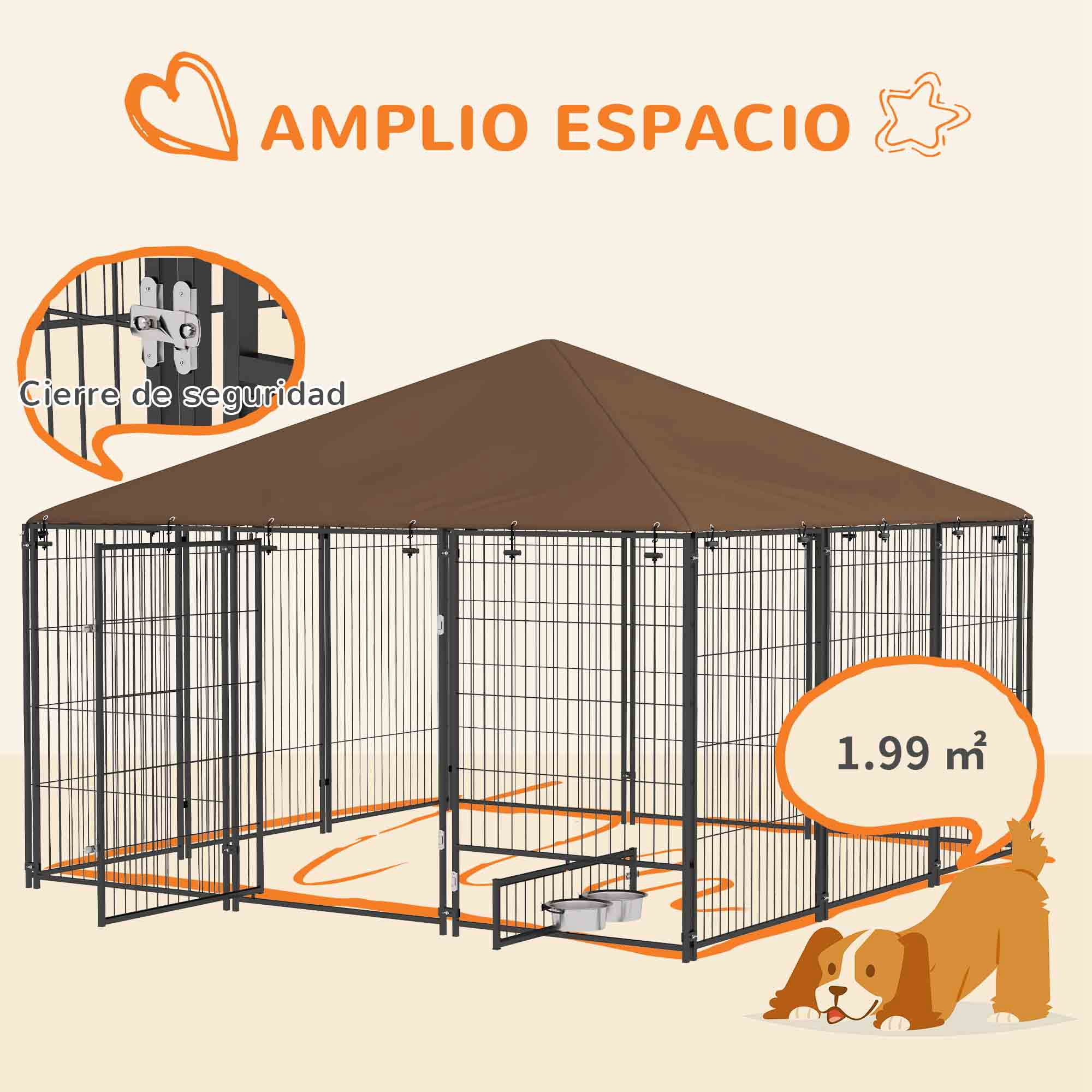 Un gran parque para perros con dimensiones y un perro dentro, un techo marrón y un perro acostado.