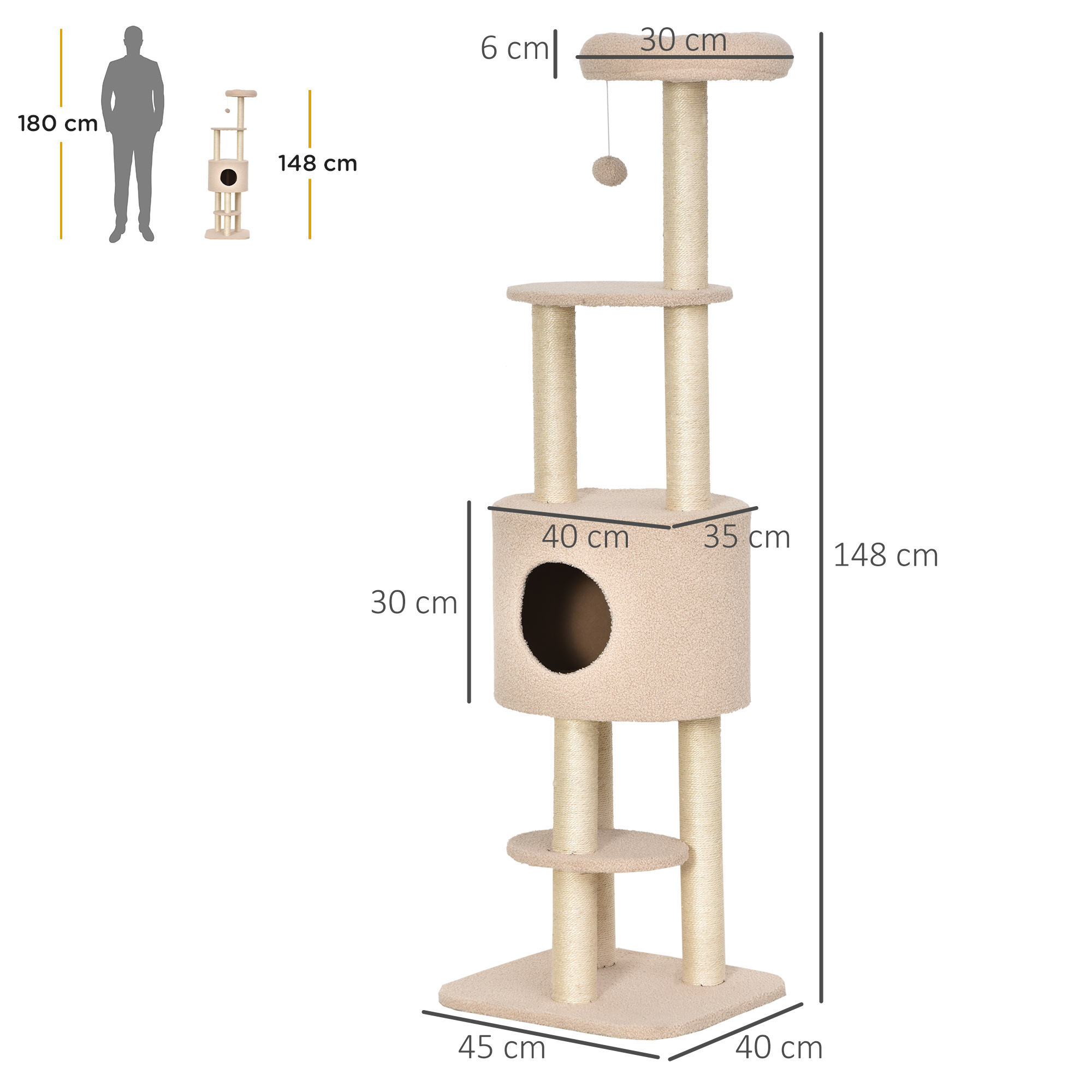 Árbol para gatos beige con múltiples niveles, un condominio y un poste rascador. Dimensiones mostradas.
