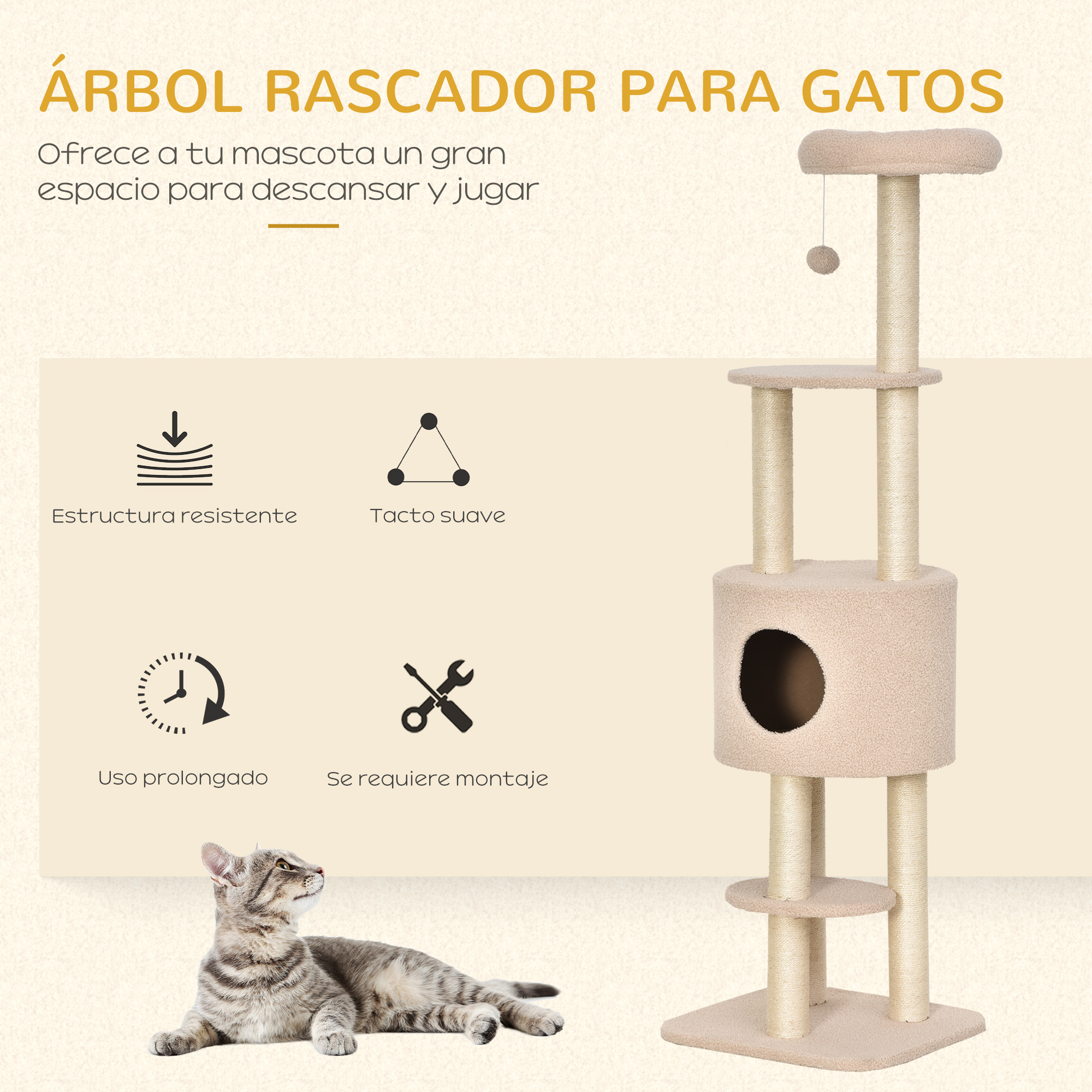 Árbol para gatos con postes beige y una bola. Texto en español describe características.