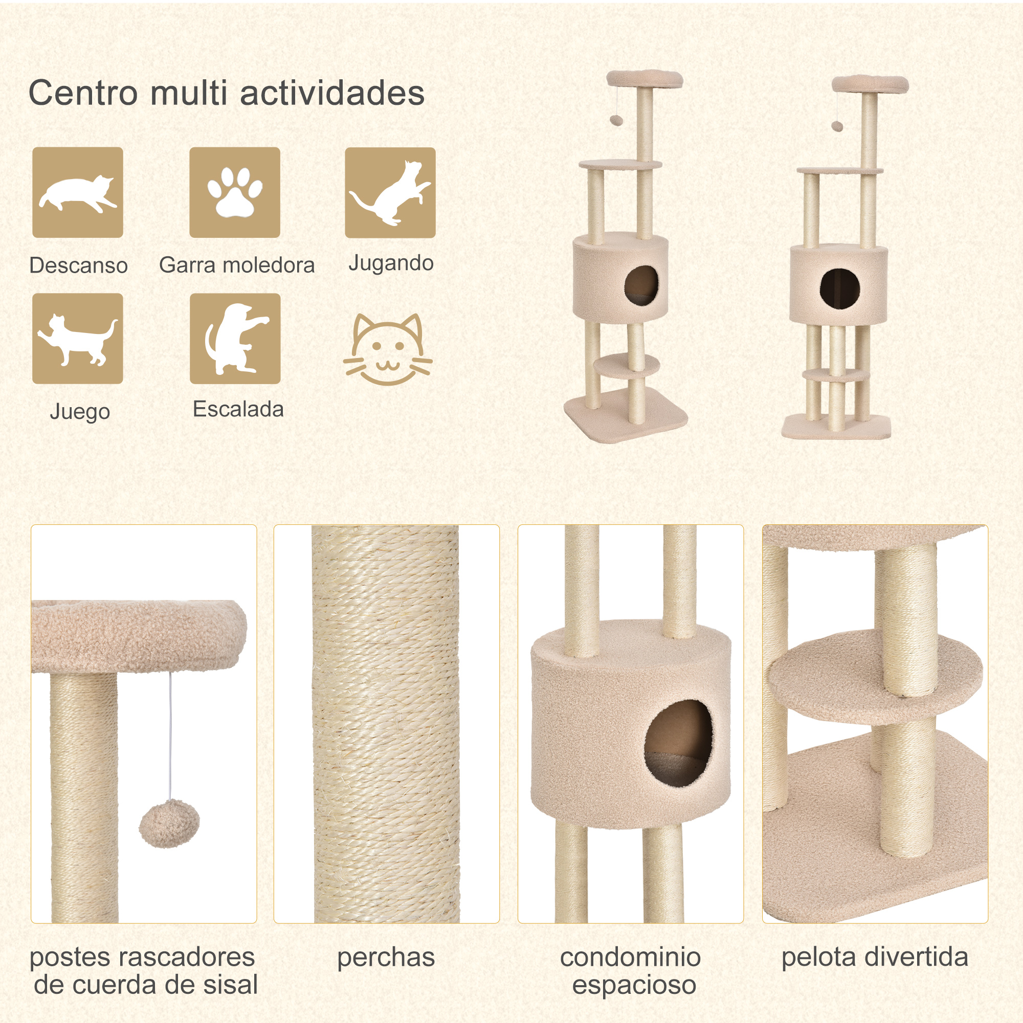 Árbol para gatos con postes, plataformas y condominio beige. Iconos: descanso, rasguño, juego, escalar.