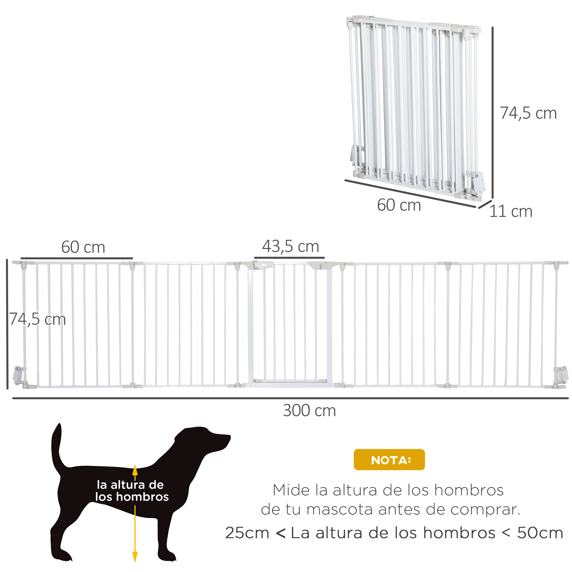 Una puerta para perros blanca con dimensiones y una silueta de perro. Nota sobre la medición de los hombros del perro.