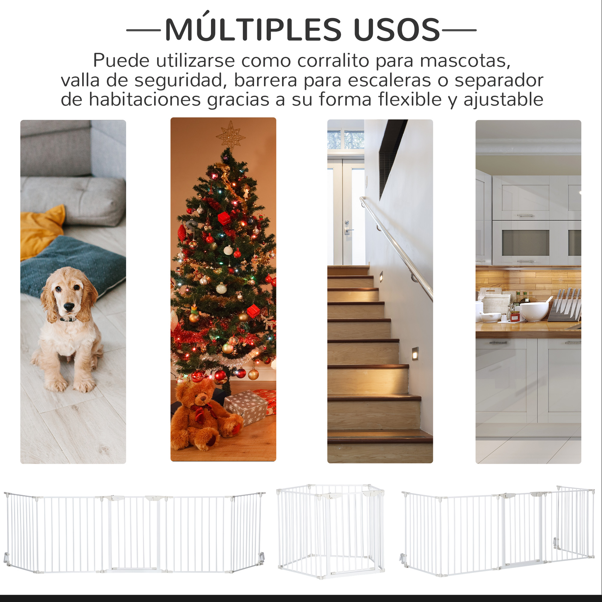 Un collage de imágenes que muestran barreras para mascotas en diferentes entornos: escaleras, un árbol y una cocina.