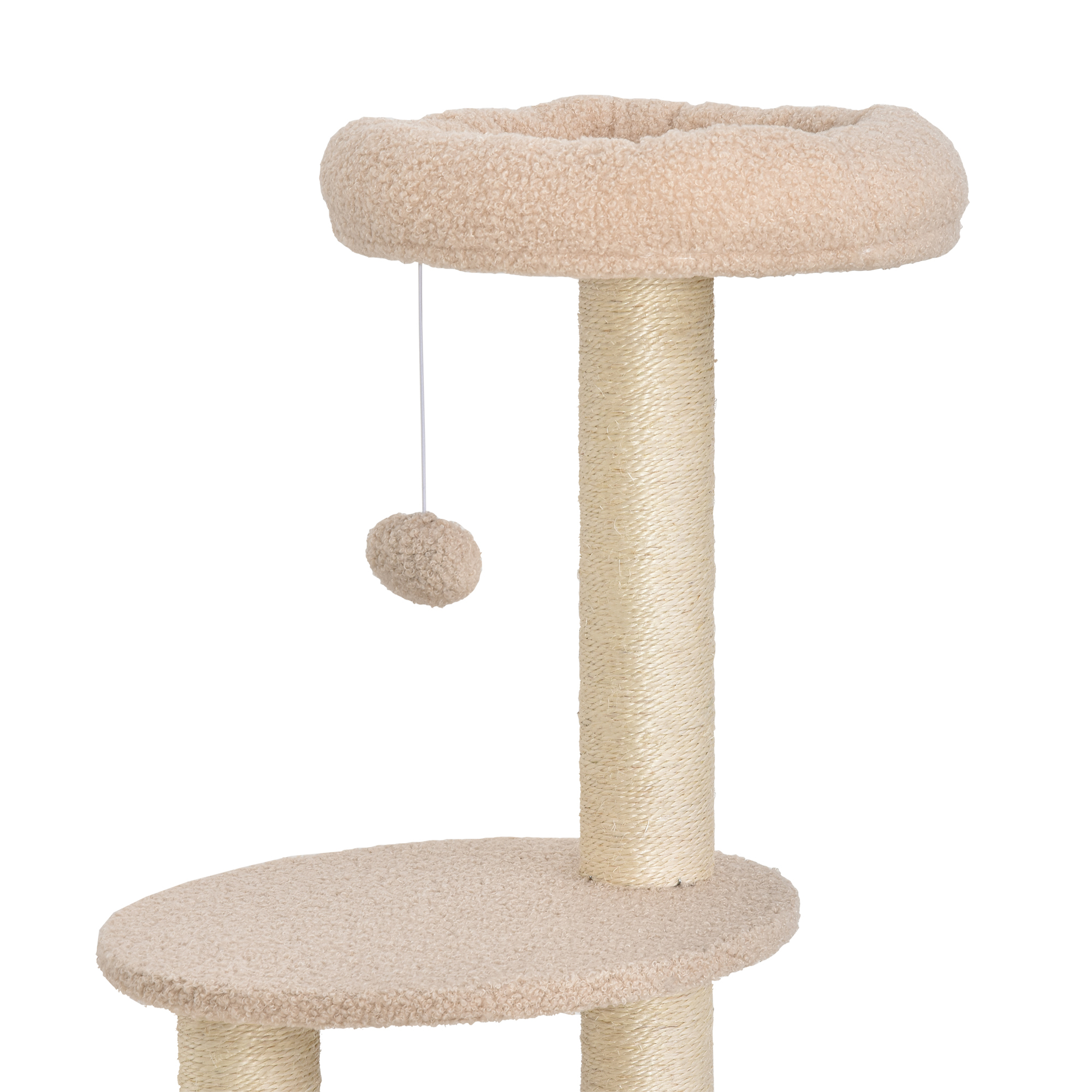 Árbol para gatos beige con cama superior y juguete de bola.