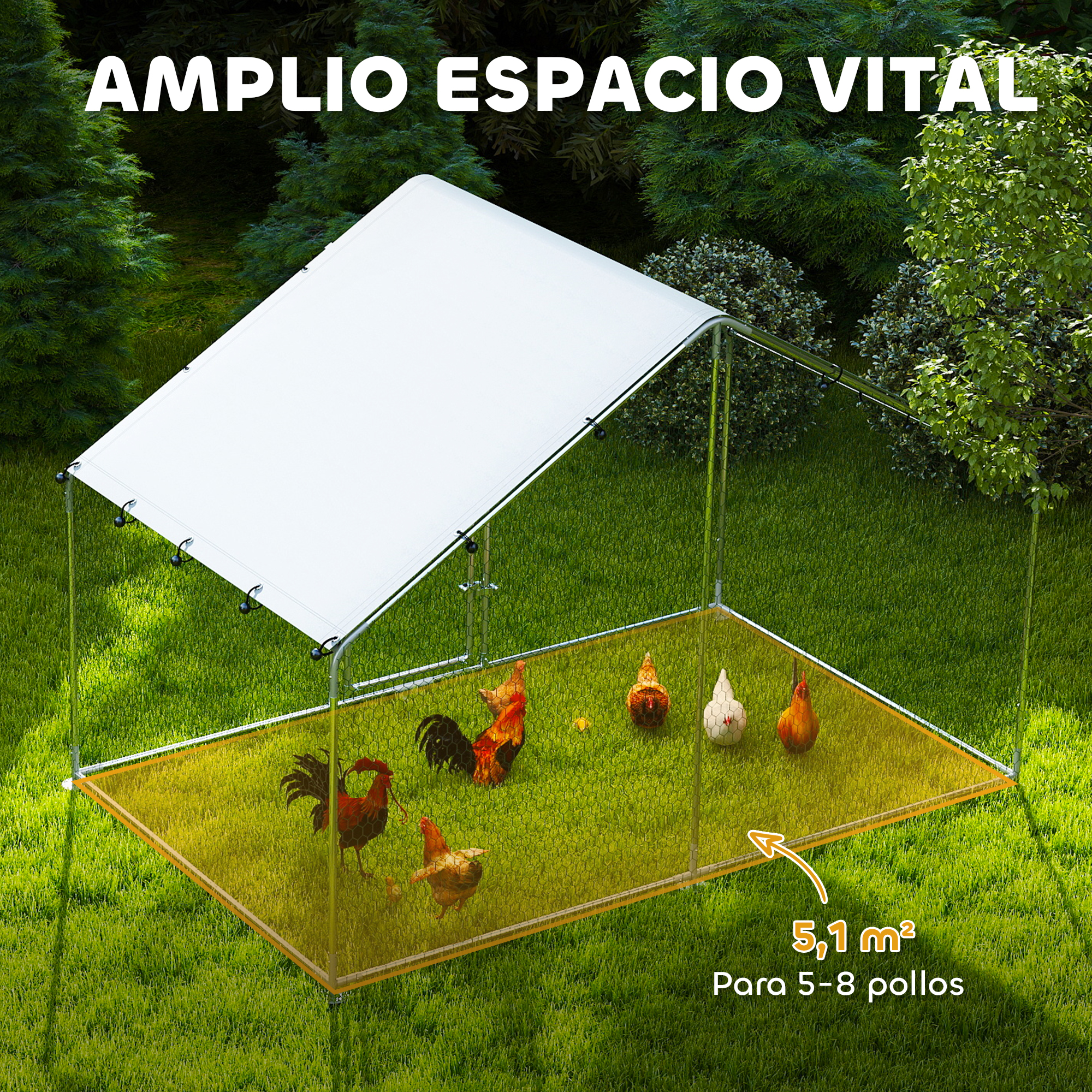 Gallinero con techo blanco sobre césped. Contiene gallinas y texto: amplio espacio vital.