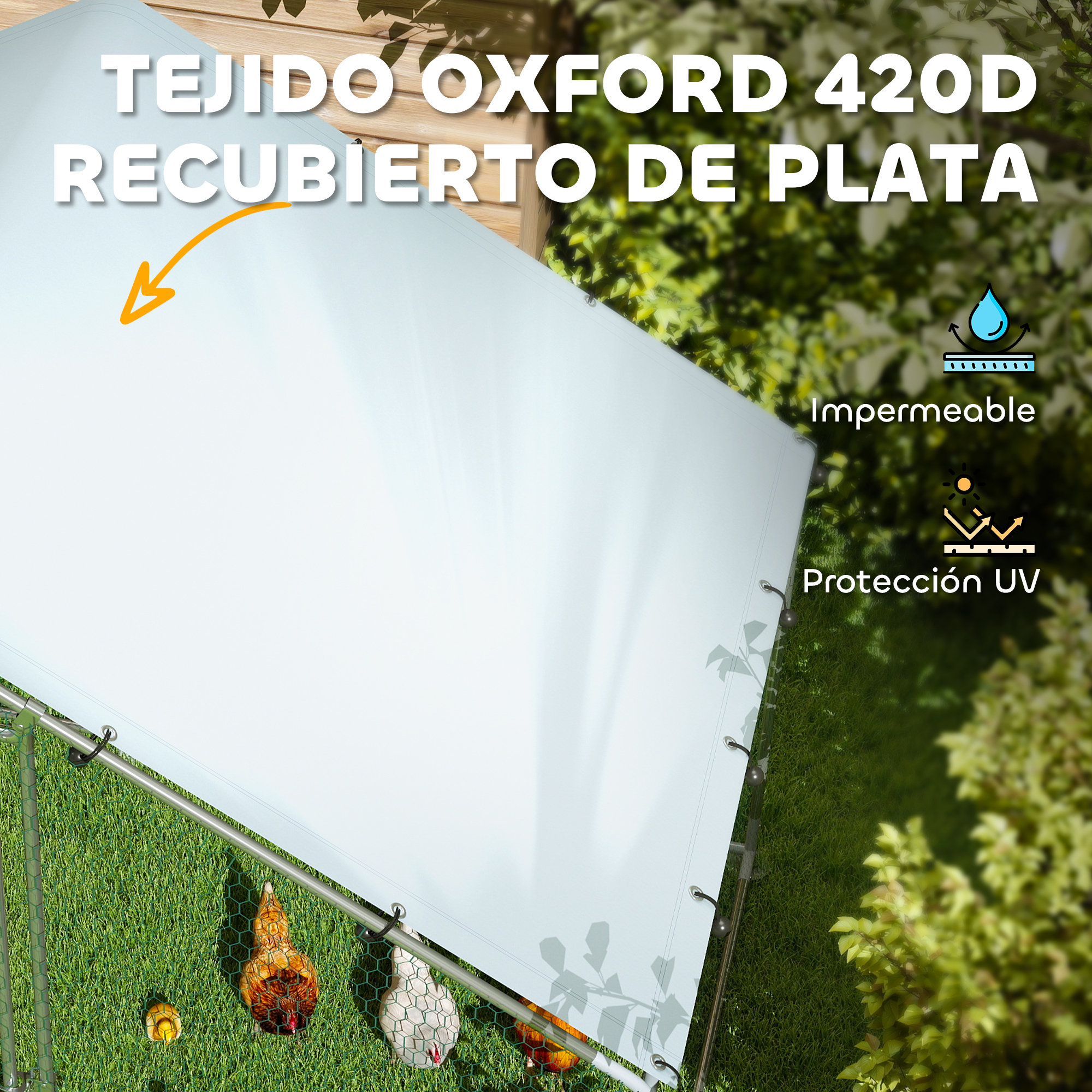 Tejido Oxford blanco sobre marco de metal, con texto y gráficos sobre fondo verde.